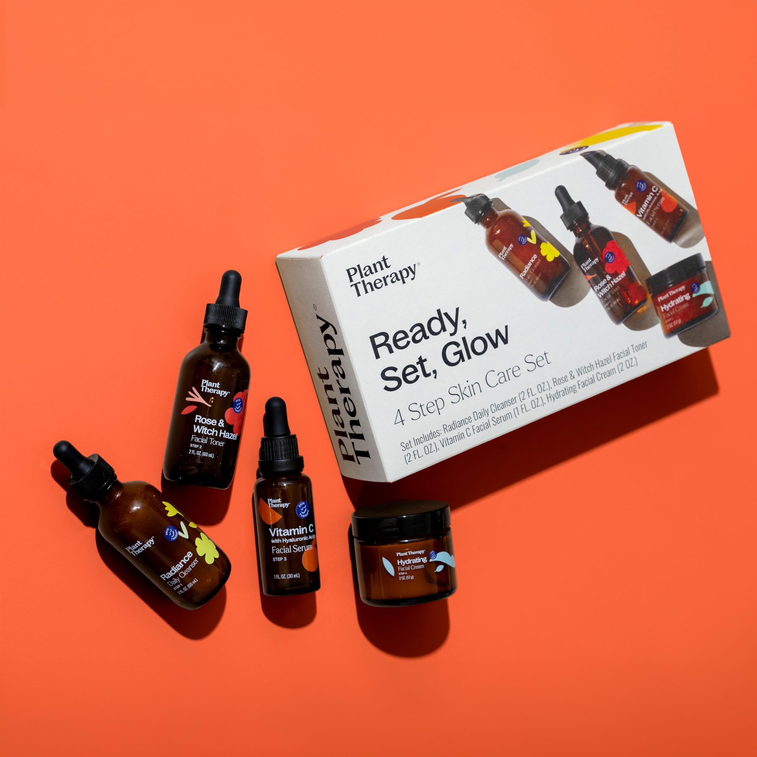 Plant Therapy Ready, Set, Glow: 4-Step Skin Care Set with Radiance Gel-Cream Cleanser, Rose & Witch Hazel Toner, Vitamin C Serum & Hydrating Cream