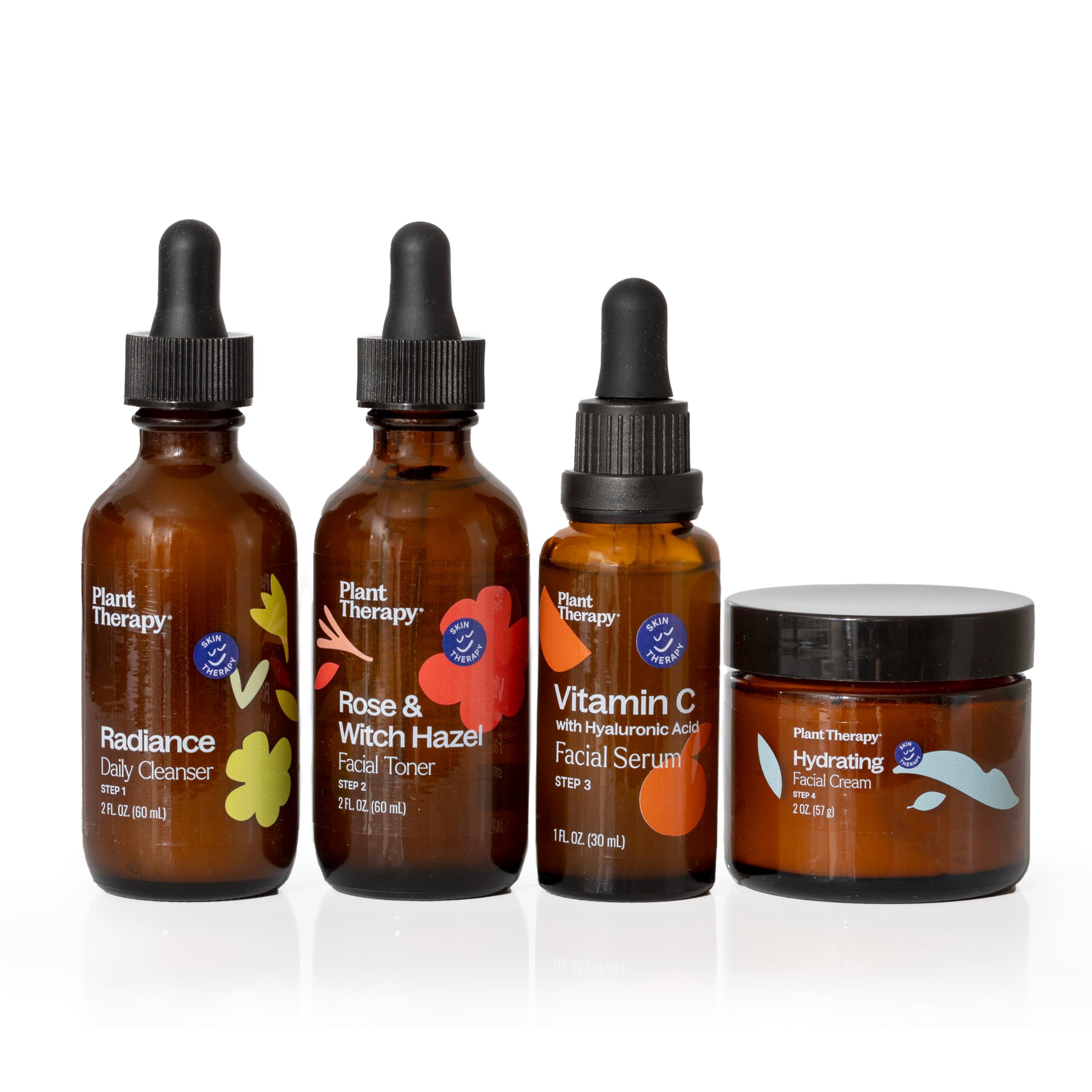 Plant Therapy Ready, Set, Glow: 4-Step Skin Care Set with Radiance Gel-Cream Cleanser, Rose & Witch Hazel Toner, Vitamin C Serum & Hydrating Cream