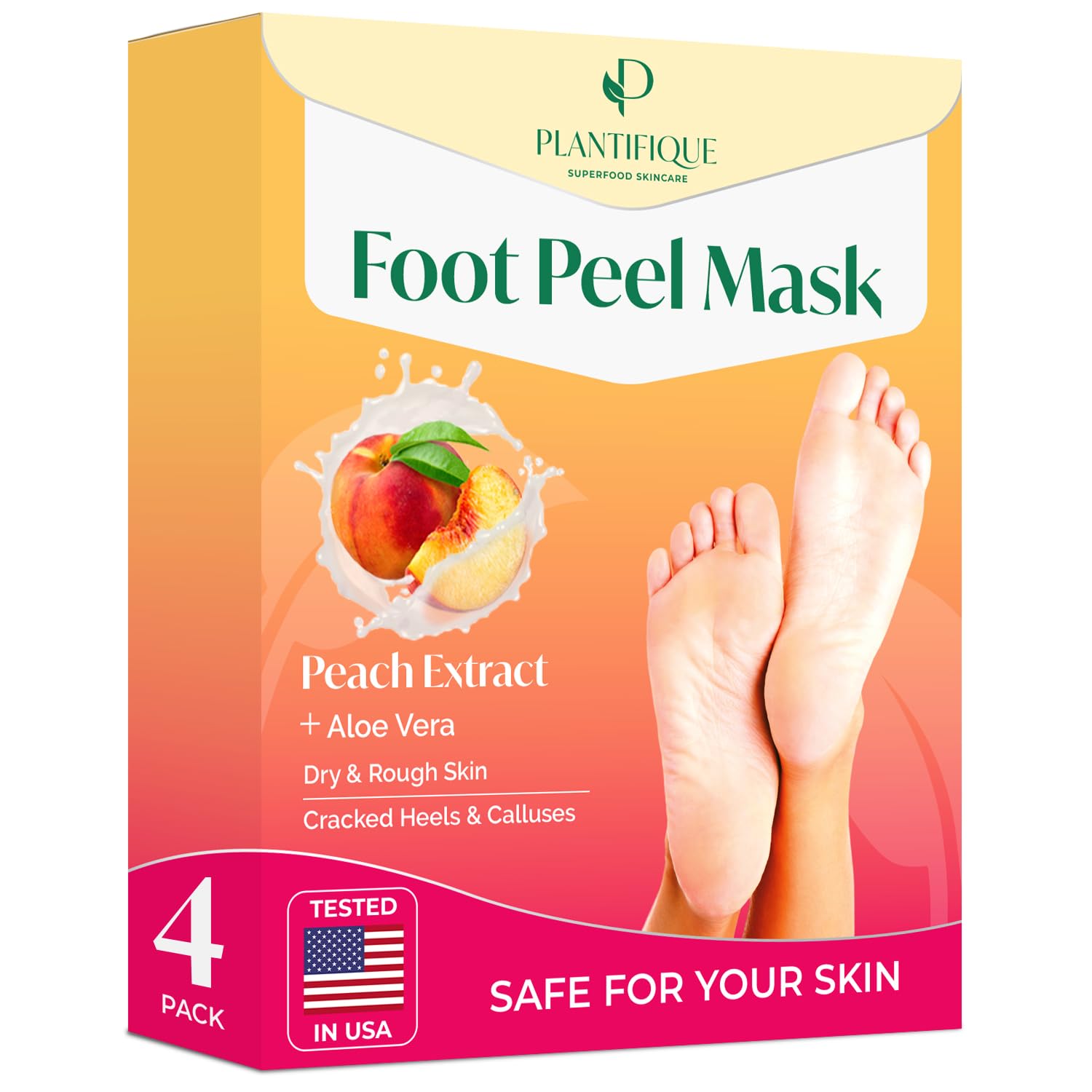 PLANTIFIQUE Foot Peeling Mask 4 Pack | Dermatologically Tested for Baby Soft Feet | Peach