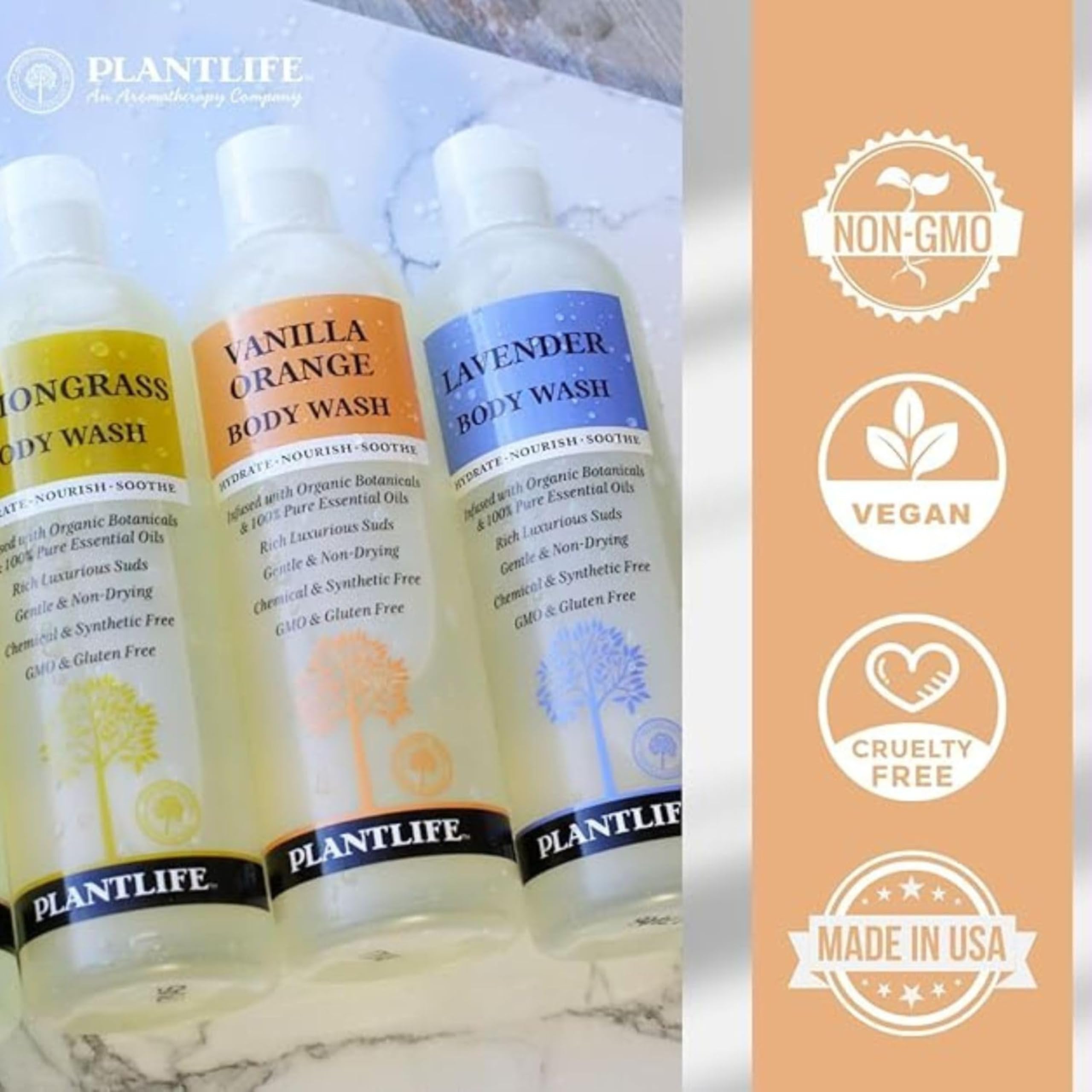 Plantlife Lemongrass Body Wash – GMO-Free, Gluten-Free, Gentle & Moisturizing | 14 oz | Made in USA