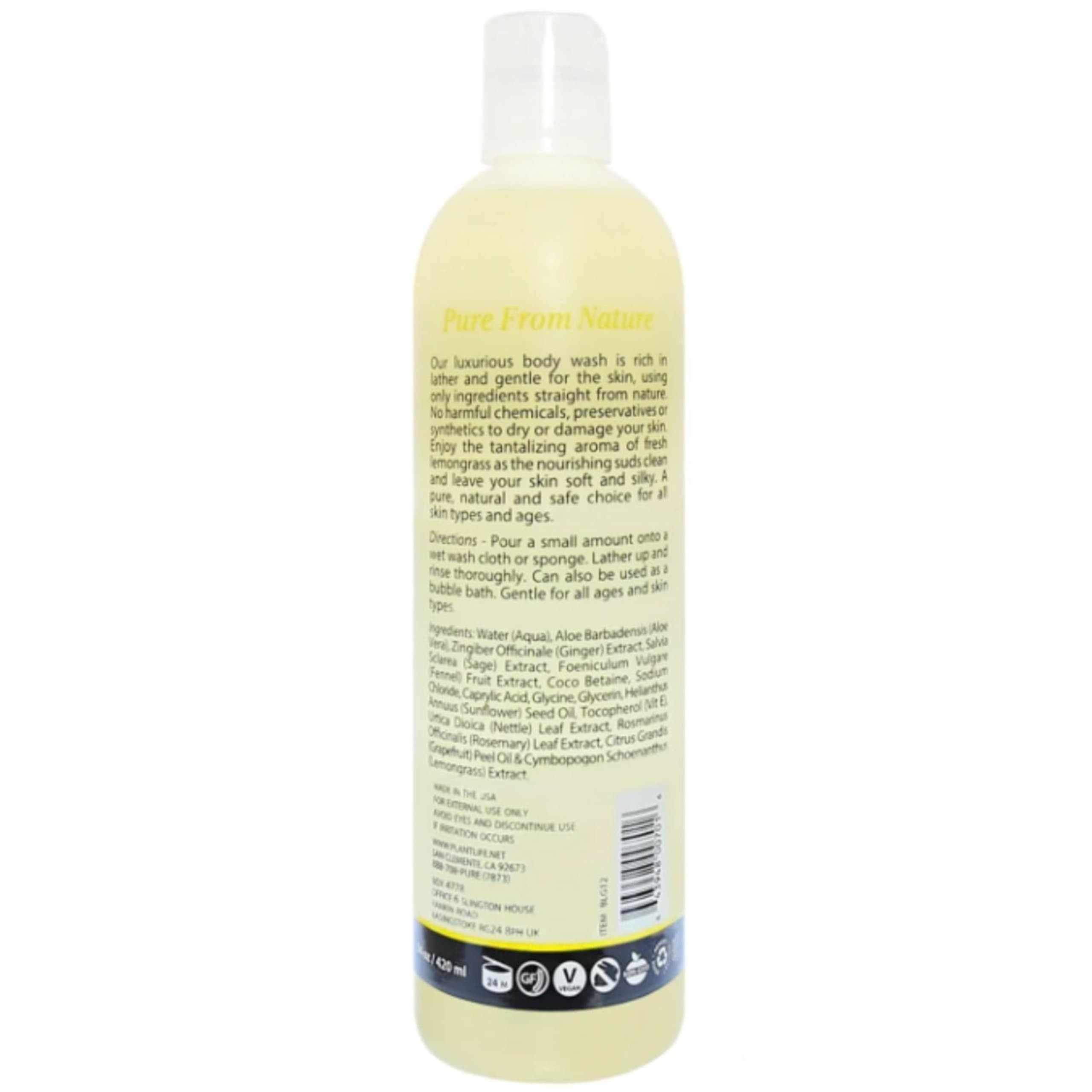 Plantlife Lemongrass Body Wash – GMO-Free, Gluten-Free, Gentle & Moisturizing | 14 oz | Made in USA