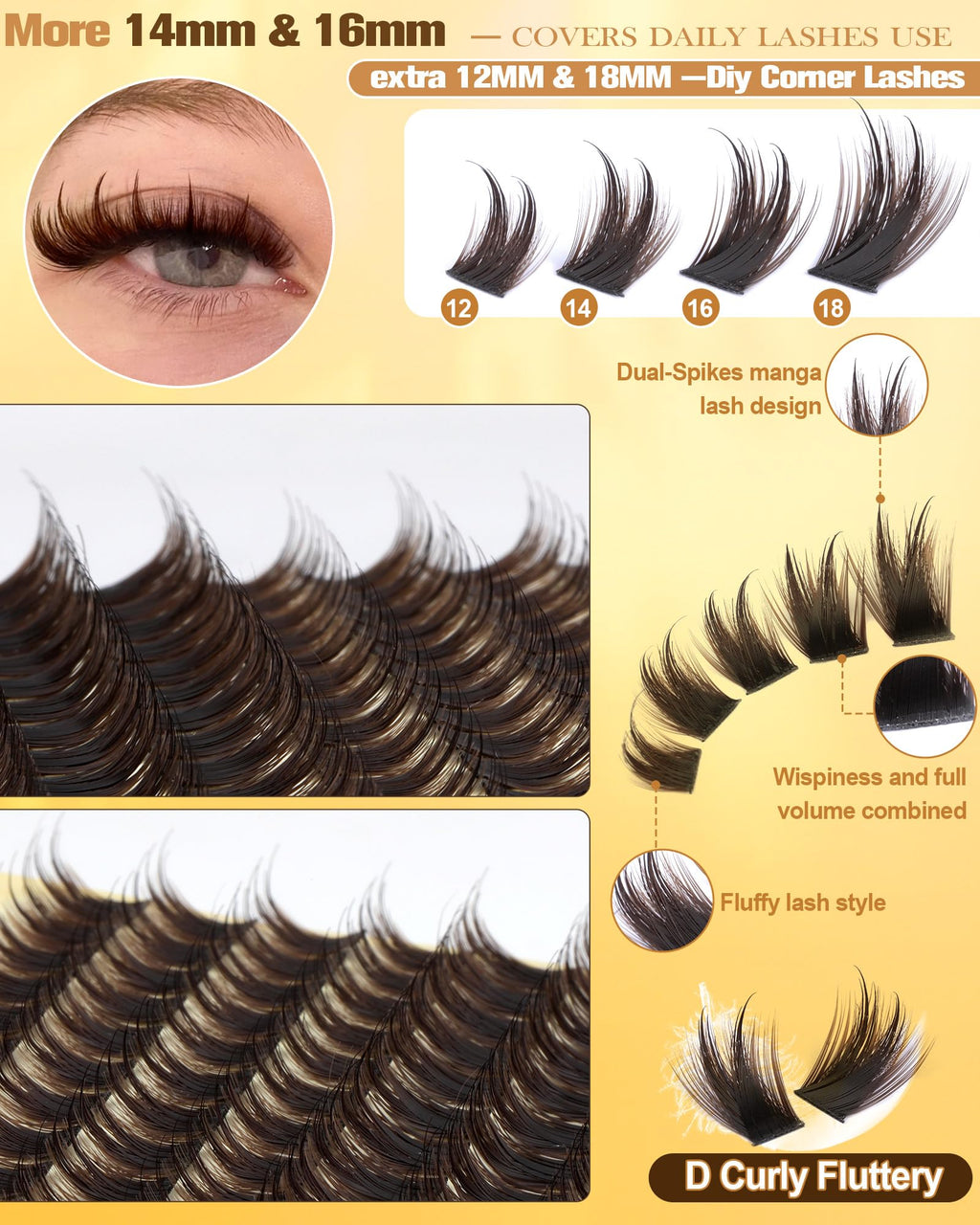 Pleell Lash Clusters Kit Brown 14-16mm with Spikes – Anime Volume Lashes, Bond & Seal, Tweezers
