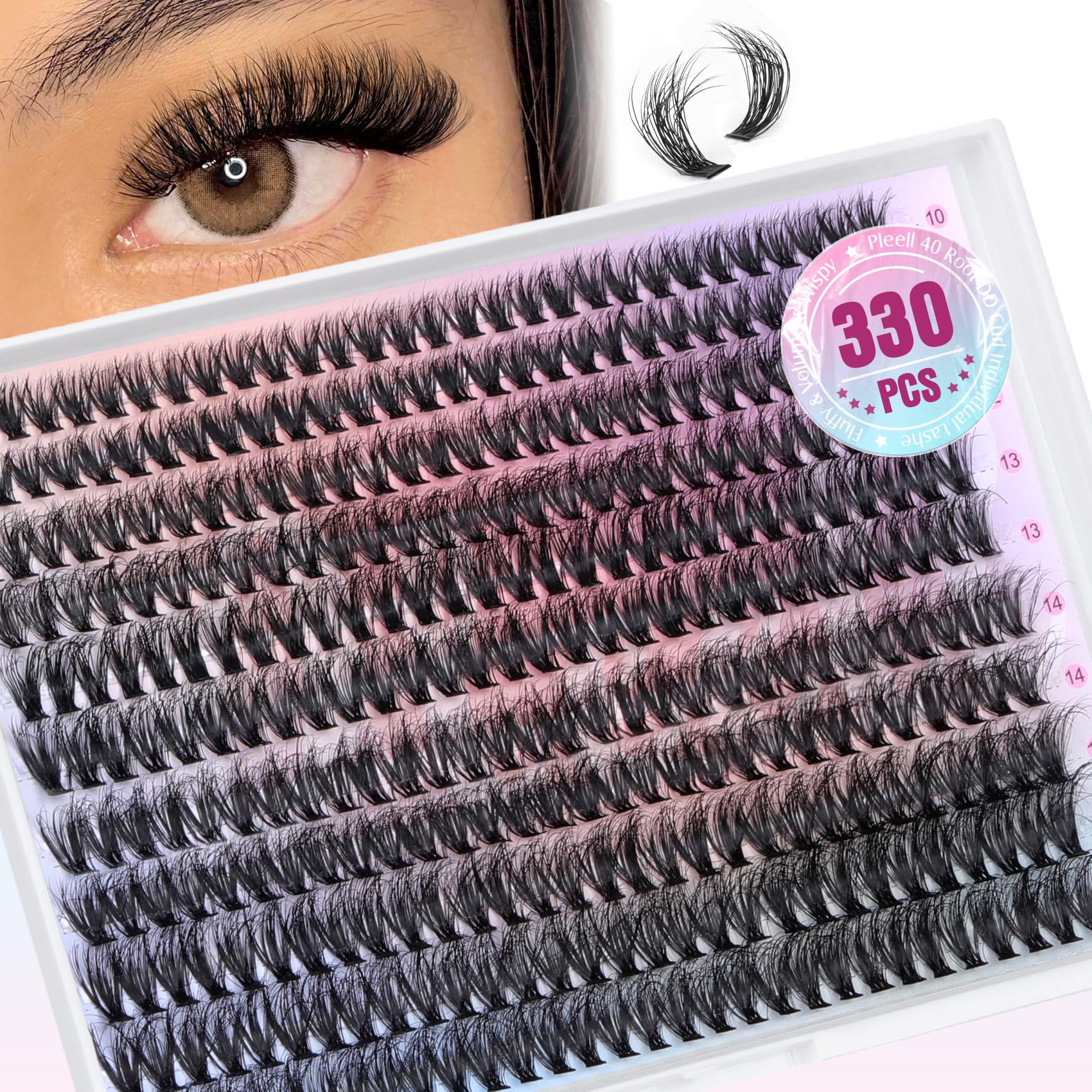 Pleell Lash Clusters 330Pcs – 6D Fluffy DIY Volume Lashes, D-Curve (40D)
