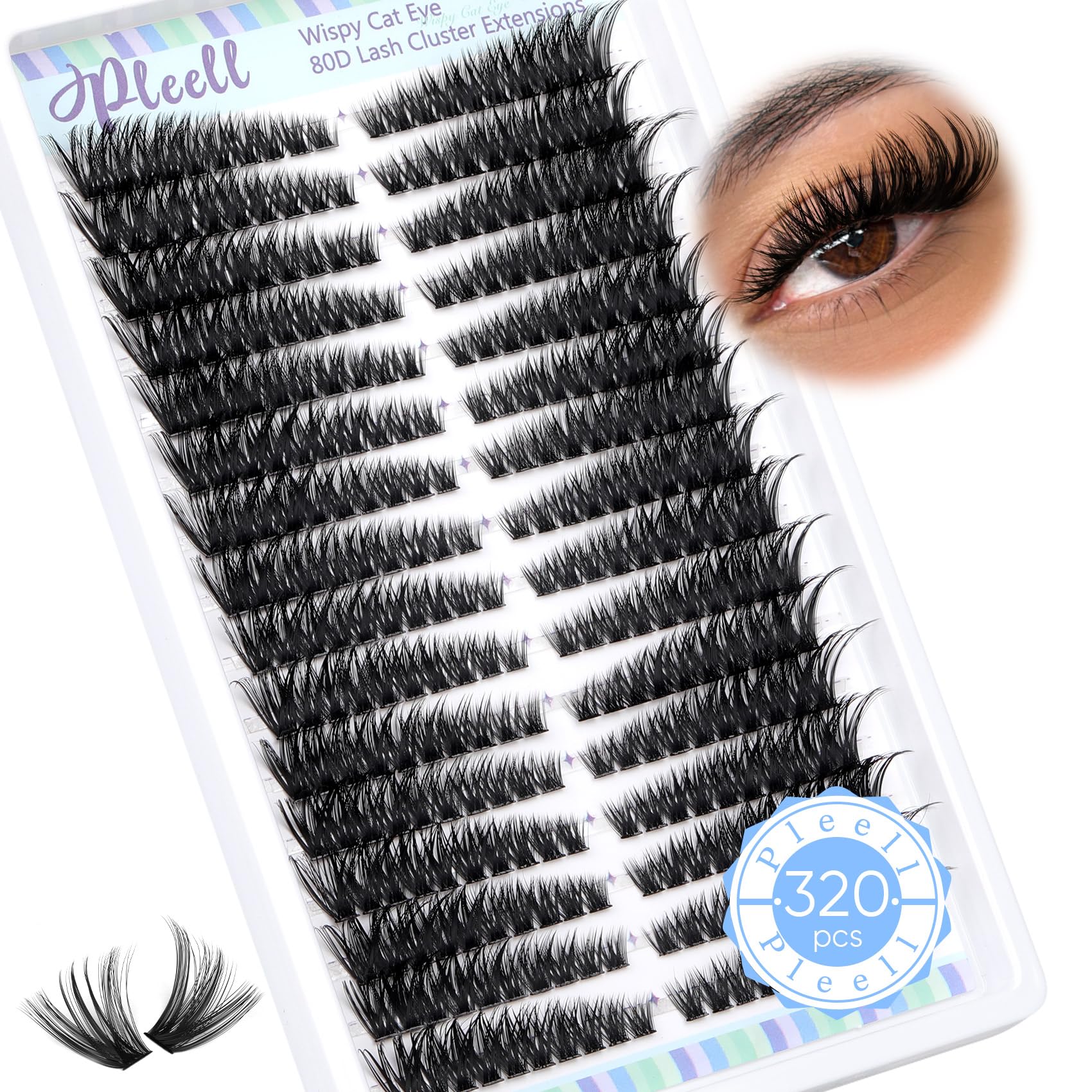 Pleell Lash Clusters 320 Pcs – Cat Eye 7-16mm 80D DIY Lashes