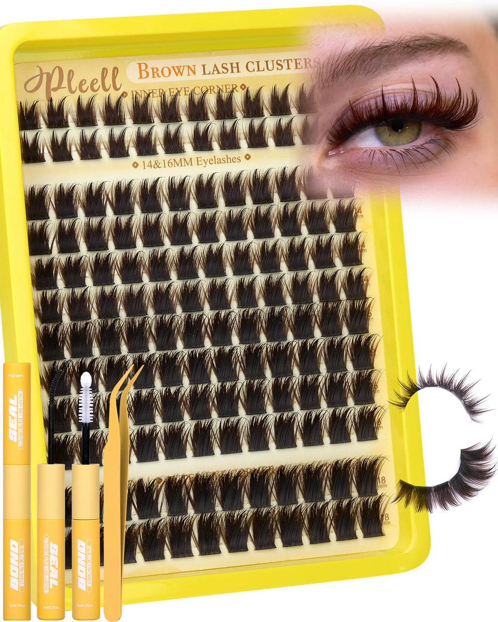 Pleell Lash Clusters Kit Brown 14-16mm with Spikes – Anime Volume Lashes, Bond & Seal, Tweezers