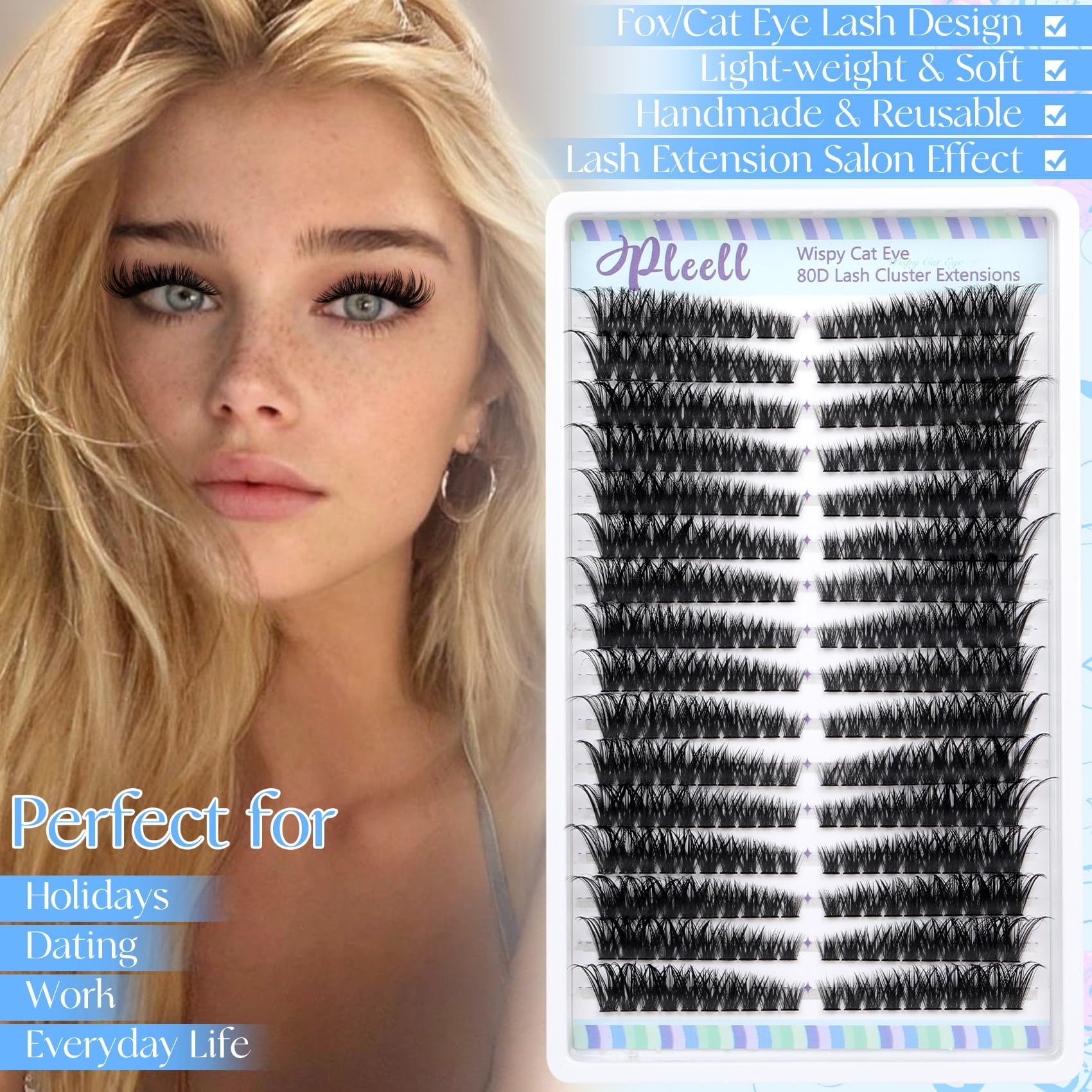 Pleell Lash Clusters 320 Pcs – Cat Eye 7-16mm 80D DIY Lashes