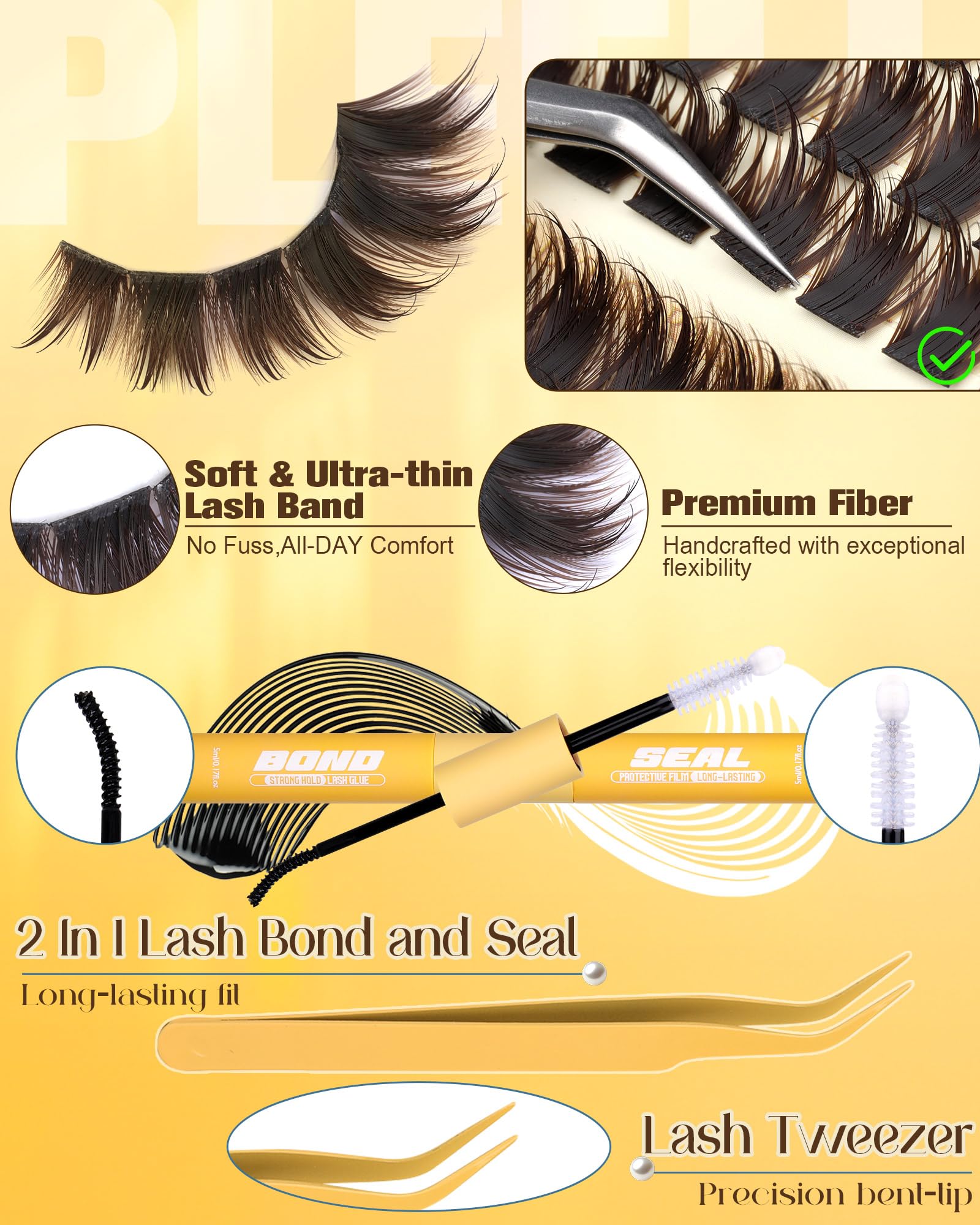 Pleell Lash Clusters Kit Brown 14-16mm with Spikes – Anime Volume Lashes, Bond & Seal, Tweezers