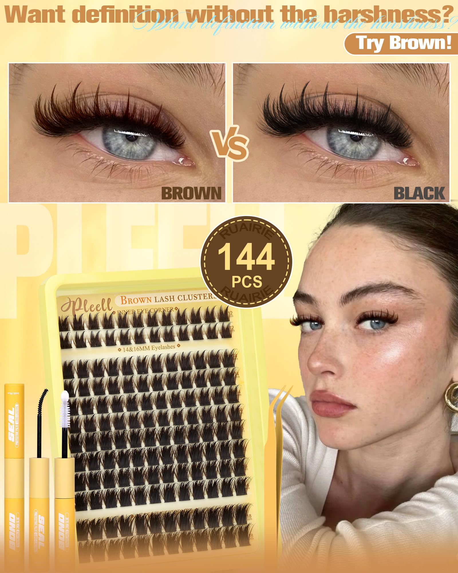 Pleell Lash Clusters Kit Brown 14-16mm with Spikes – Anime Volume Lashes, Bond & Seal, Tweezers