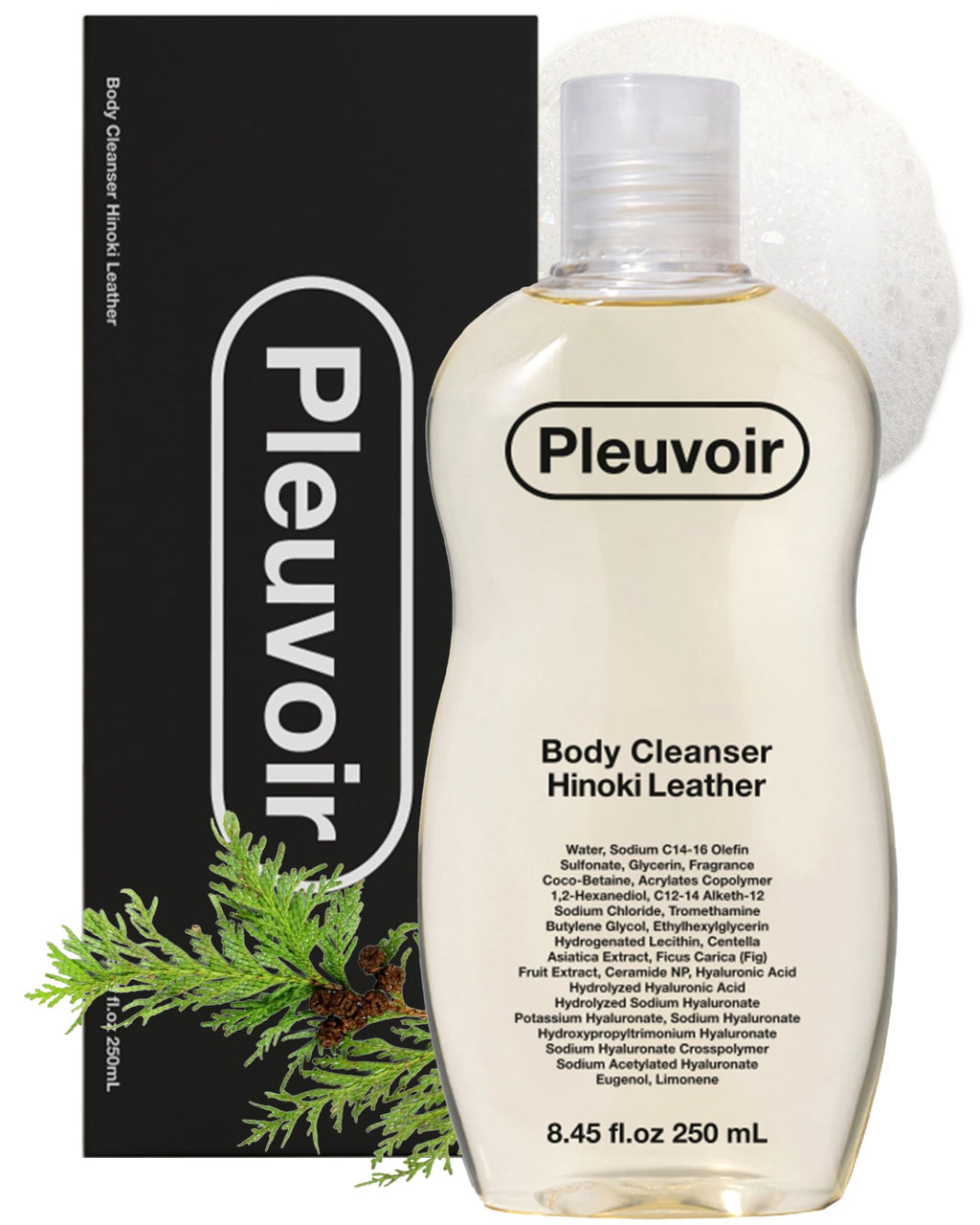 Pleuvoir Hinoki Leather Body Wash – French MANE × Japanese Cypress (Cedar & Musk), Unisex Woody Shower Gel with Hyaluronic Acid & Ceramides