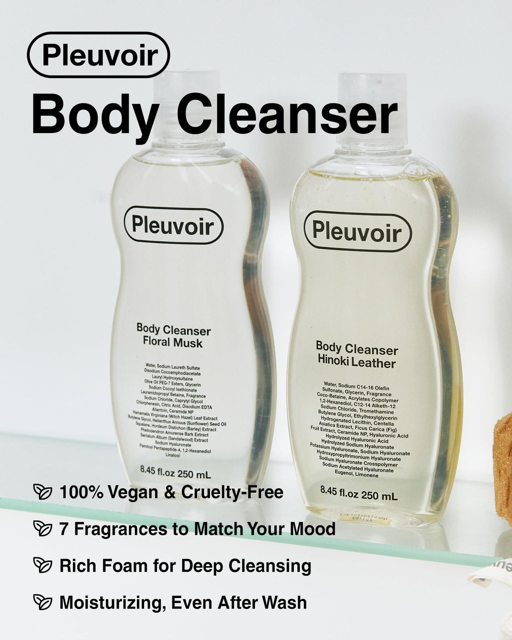 Pleuvoir Hinoki Leather Body Wash – French MANE × Japanese Cypress (Cedar & Musk), Unisex Woody Shower Gel with Hyaluronic Acid & Ceramides