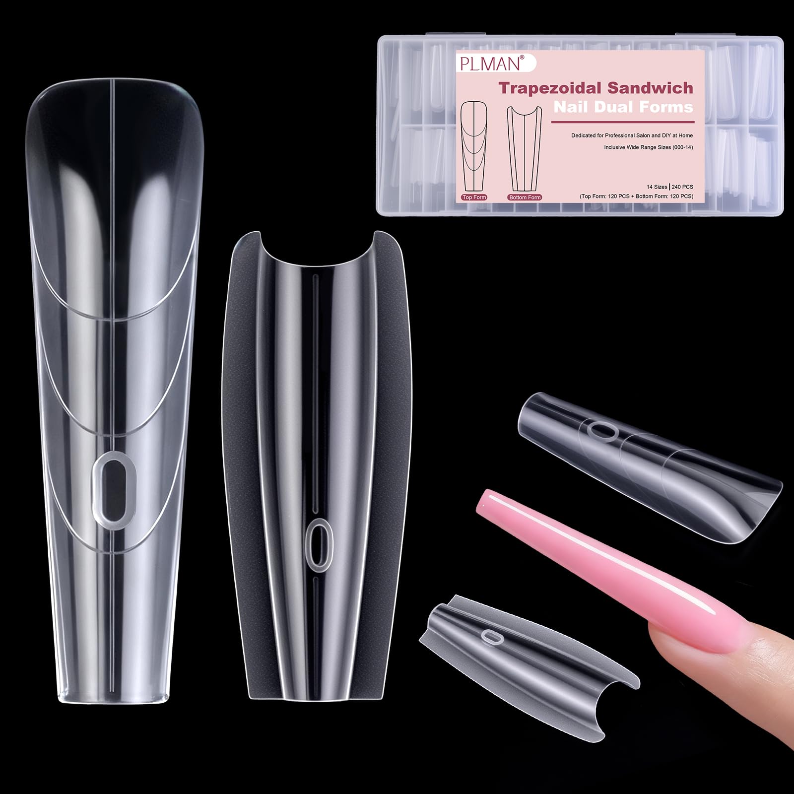 Plman 240 PCS Sandwich Nail Dual Forms – Polygel & Builder Gel Extension Kit (14 Sizes, Trapezoidal)
