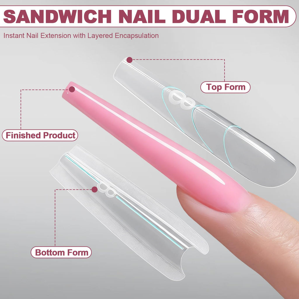 Plman 240 PCS Sandwich Nail Dual Forms – Polygel & Builder Gel Extension Kit (14 Sizes, Trapezoidal)