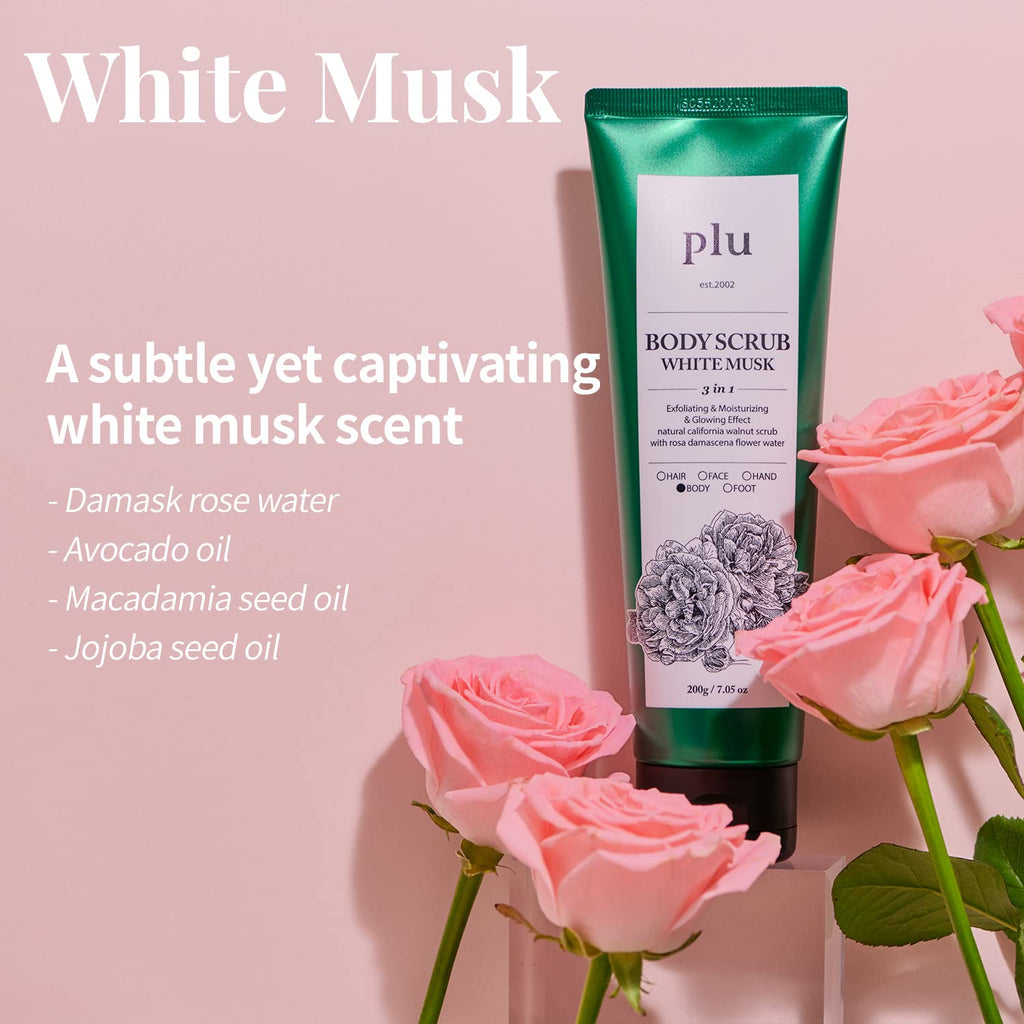 PLU Original Walnut Body Scrub Polish - White Musk, Exfoliating & Hydrating Glow (6.76 oz)