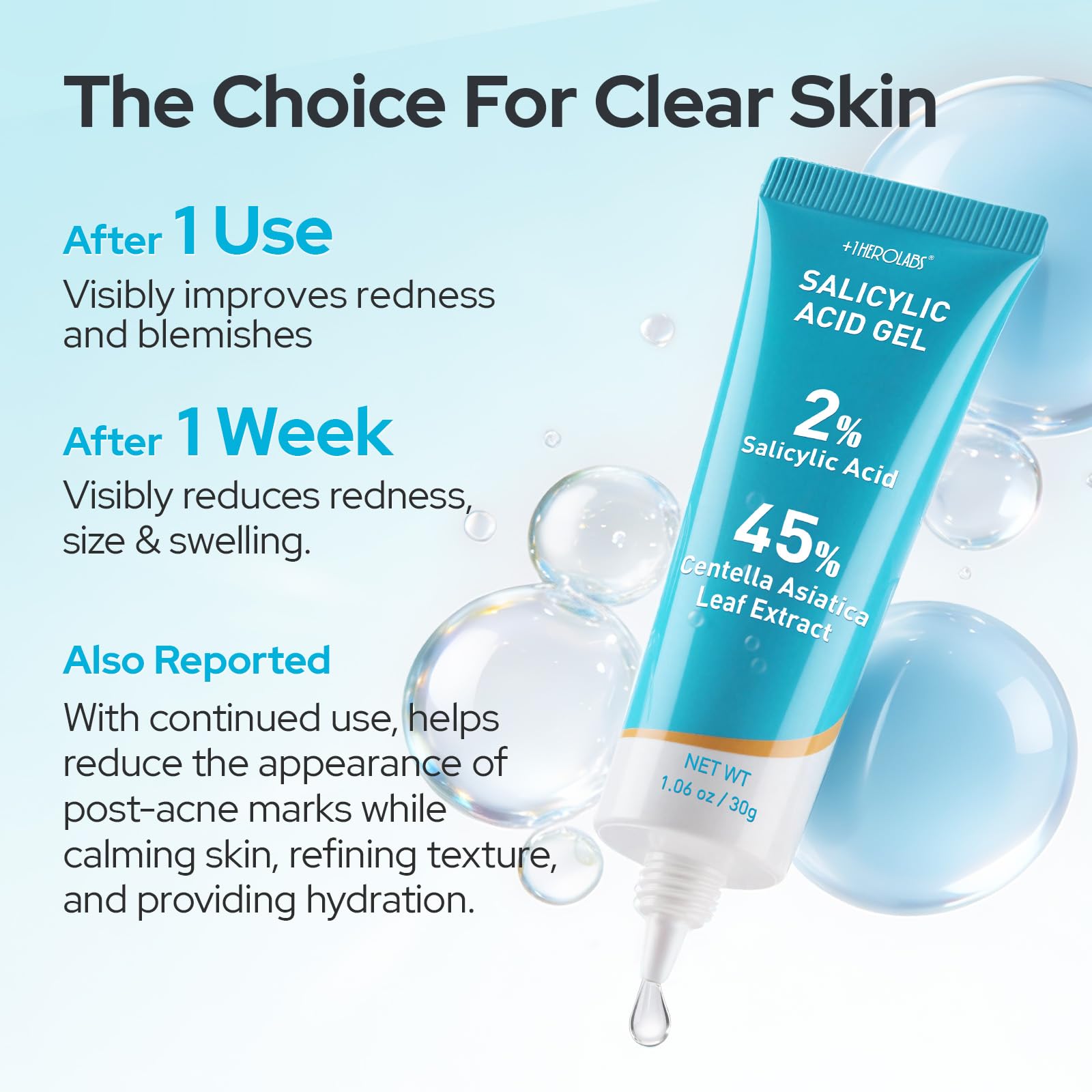 +1HEROLABS 2% Salicylic Acid Gel Serum — 45% Centella Asiatica, Pore Clarifying & Oil Balancing (Fragrance-Free)