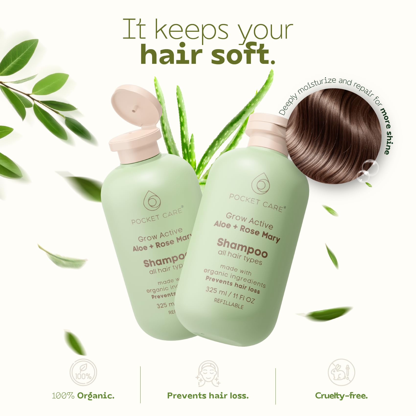 PocketCare Organic Shampoo – Artisanal Aloe Pulp, Rosemary & Natural Nutrients | Hydration & Hair Support 325ml