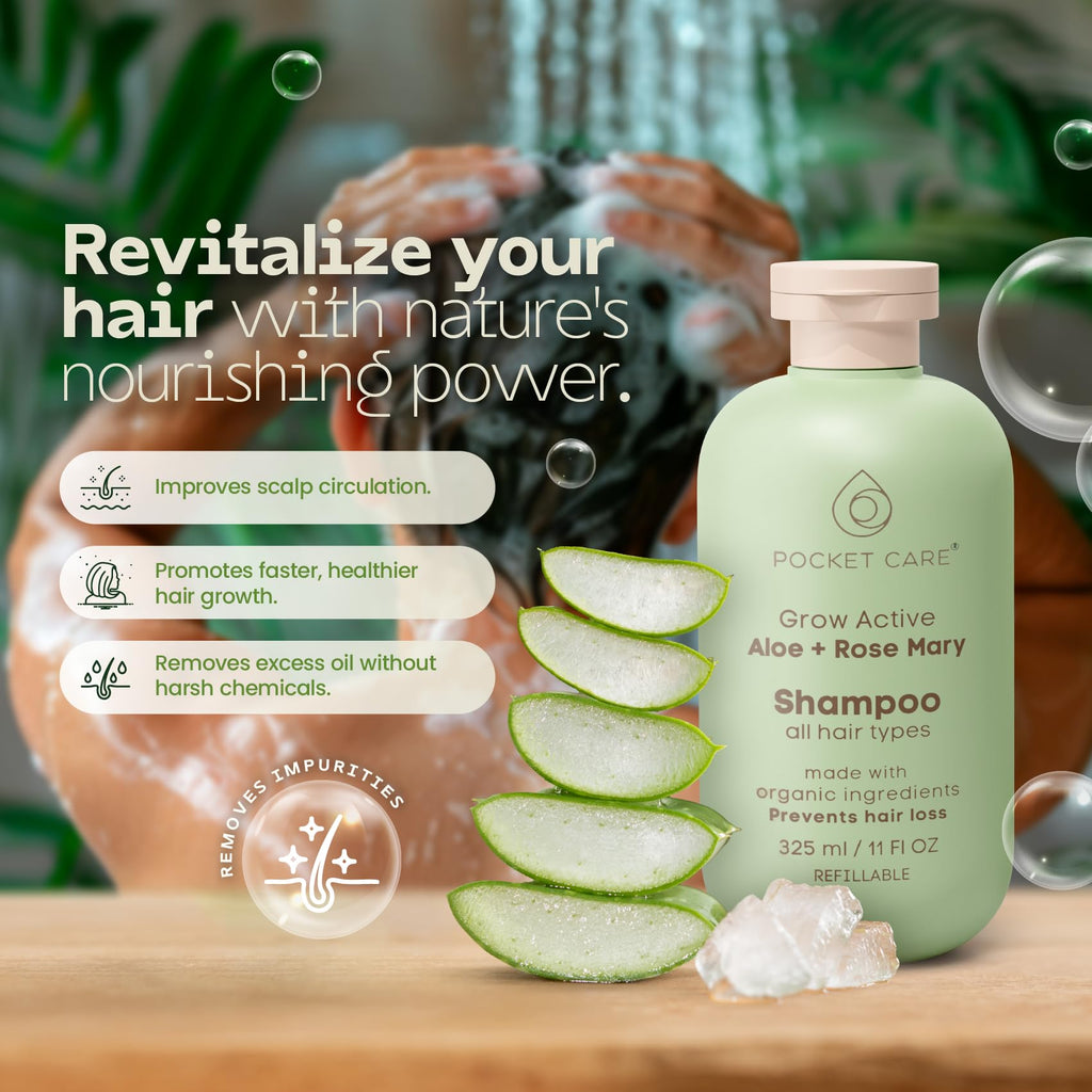 PocketCare Organic Shampoo – Artisanal Aloe Pulp, Rosemary & Natural Nutrients | Hydration & Hair Support 325ml