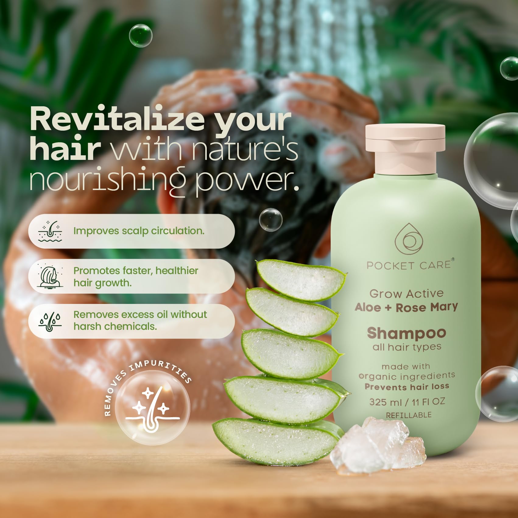 PocketCare Organic Shampoo – Artisanal Aloe Pulp, Rosemary & Natural Nutrients | Hydration & Hair Support 325ml