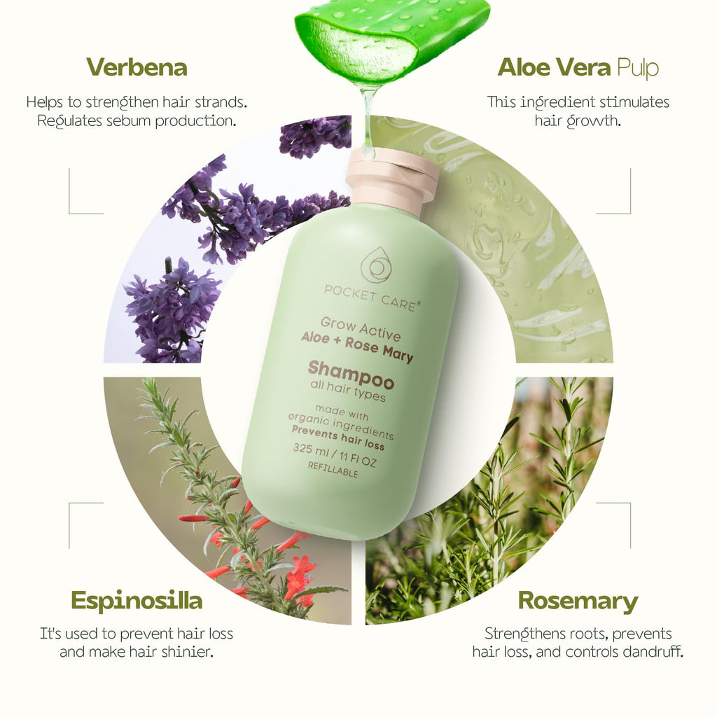 PocketCare Organic Shampoo – Artisanal Aloe Pulp, Rosemary & Natural Nutrients | Hydration & Hair Support 325ml