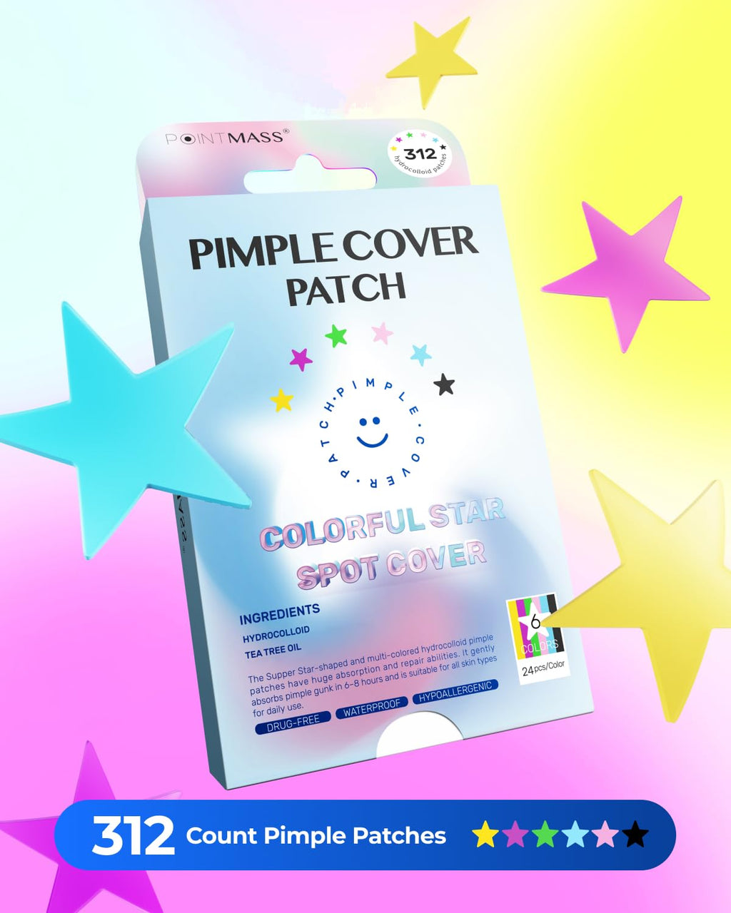 POINTMASS Star Pimple Patches – 6 Colors, 312 Patches, Overnight Care