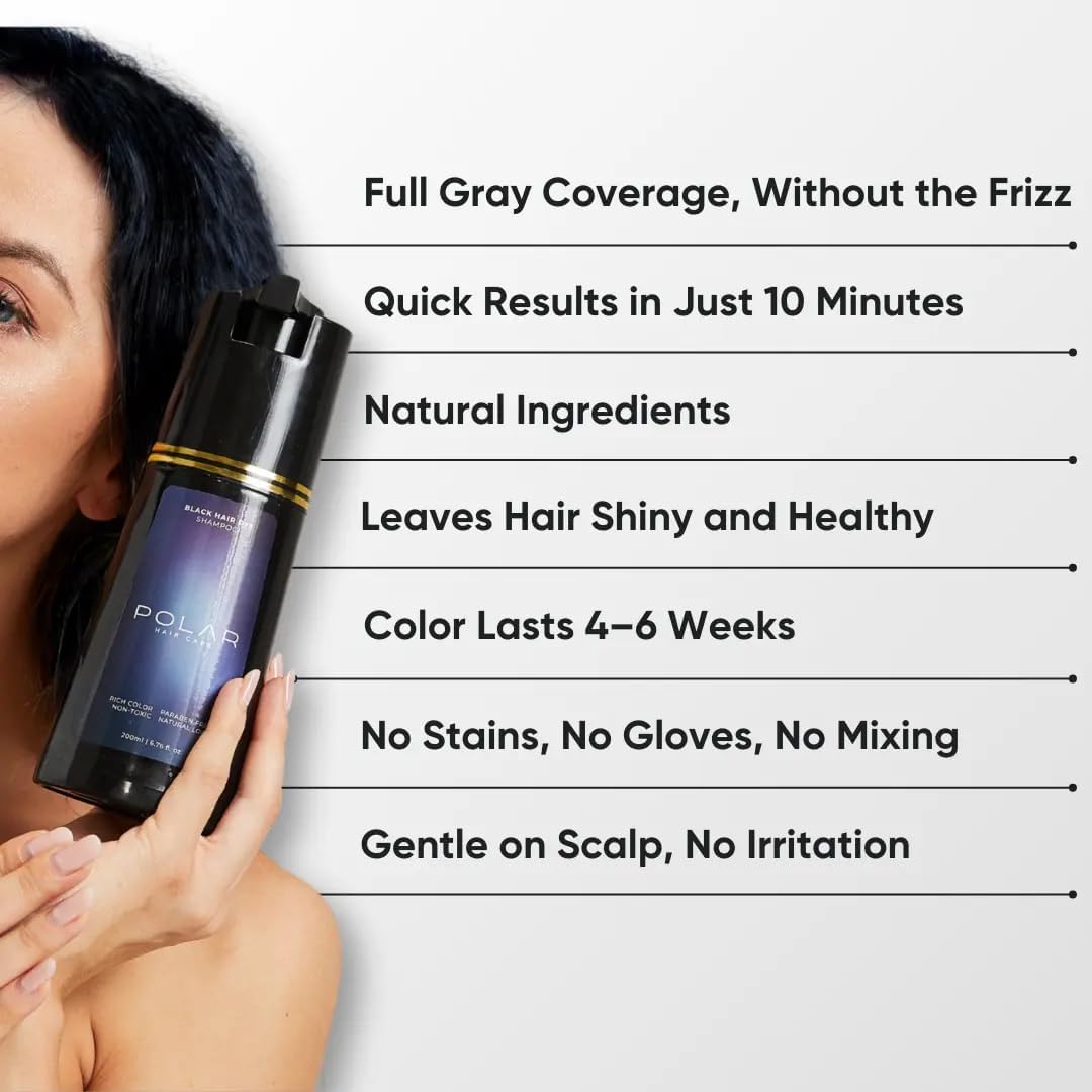 POLAR HAIR CARE Polar Haircare Jet Black Hair Dye Shampoo for Gray Coverage – Semi-Permanent, 6.76 fl oz
