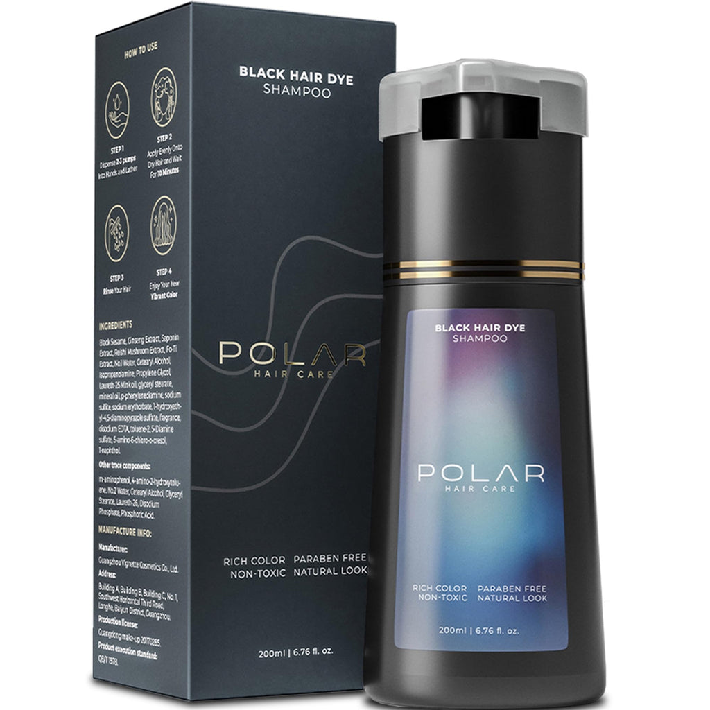 POLAR HAIR CARE Polar Haircare Jet Black Hair Dye Shampoo for Gray Coverage – Semi-Permanent, 6.76 fl oz