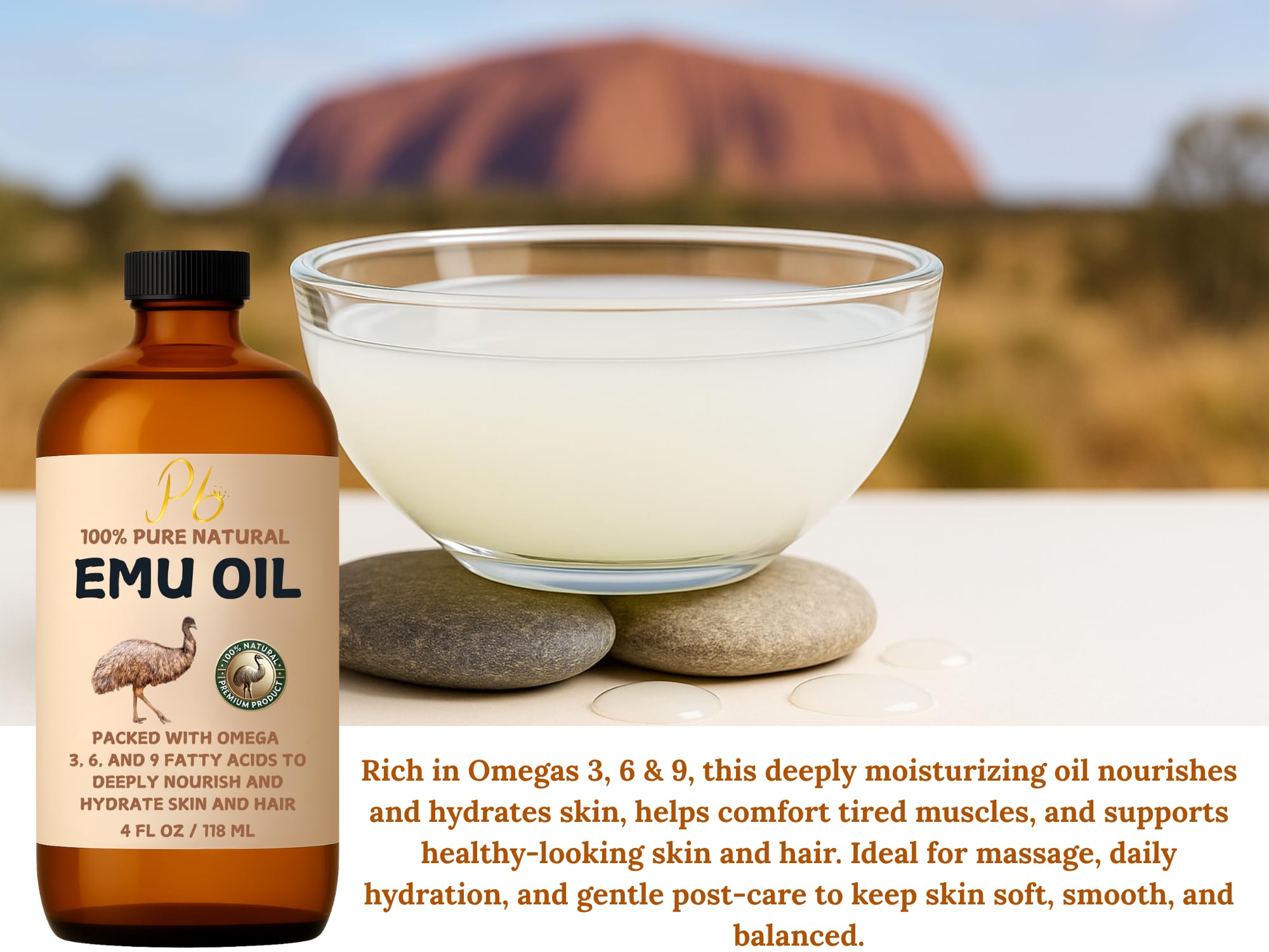 Pomberries Emu Oil - 100% Pure Australian Emu Oil, Refined & Unscented (4 oz)