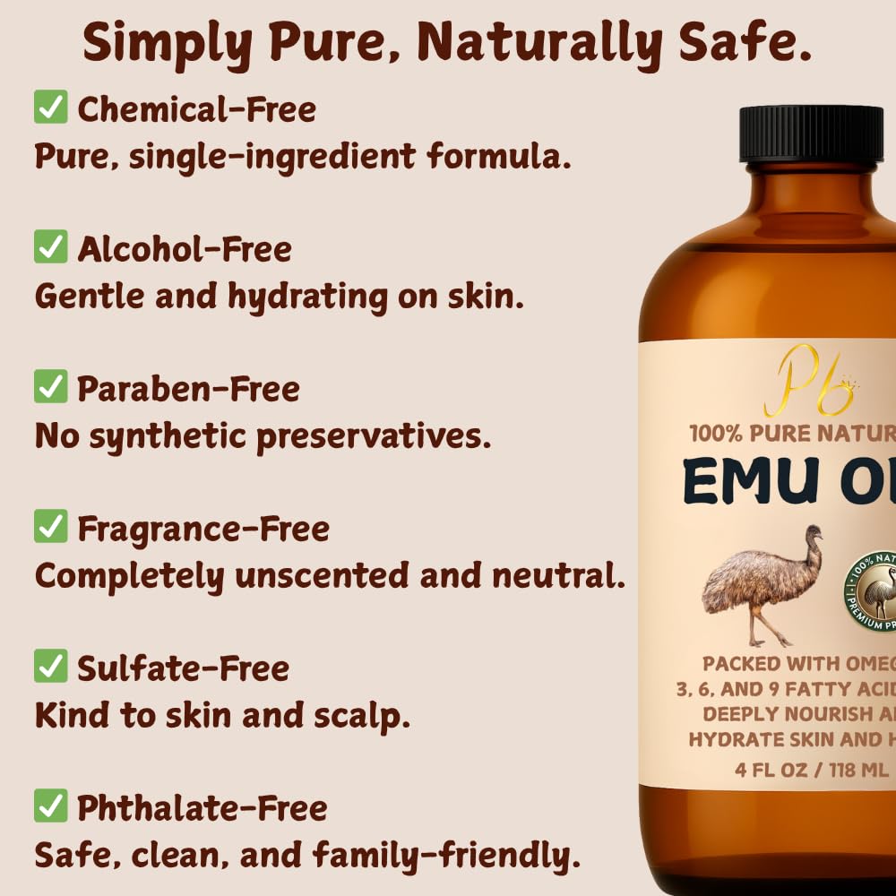 Pomberries Emu Oil - 100% Pure Australian Emu Oil, Refined & Unscented (4 oz)