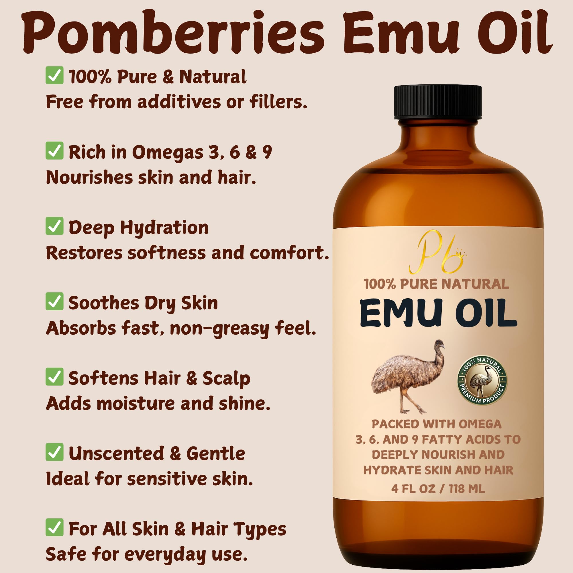 Pomberries Emu Oil - 100% Pure Australian Emu Oil, Refined & Unscented (4 oz)