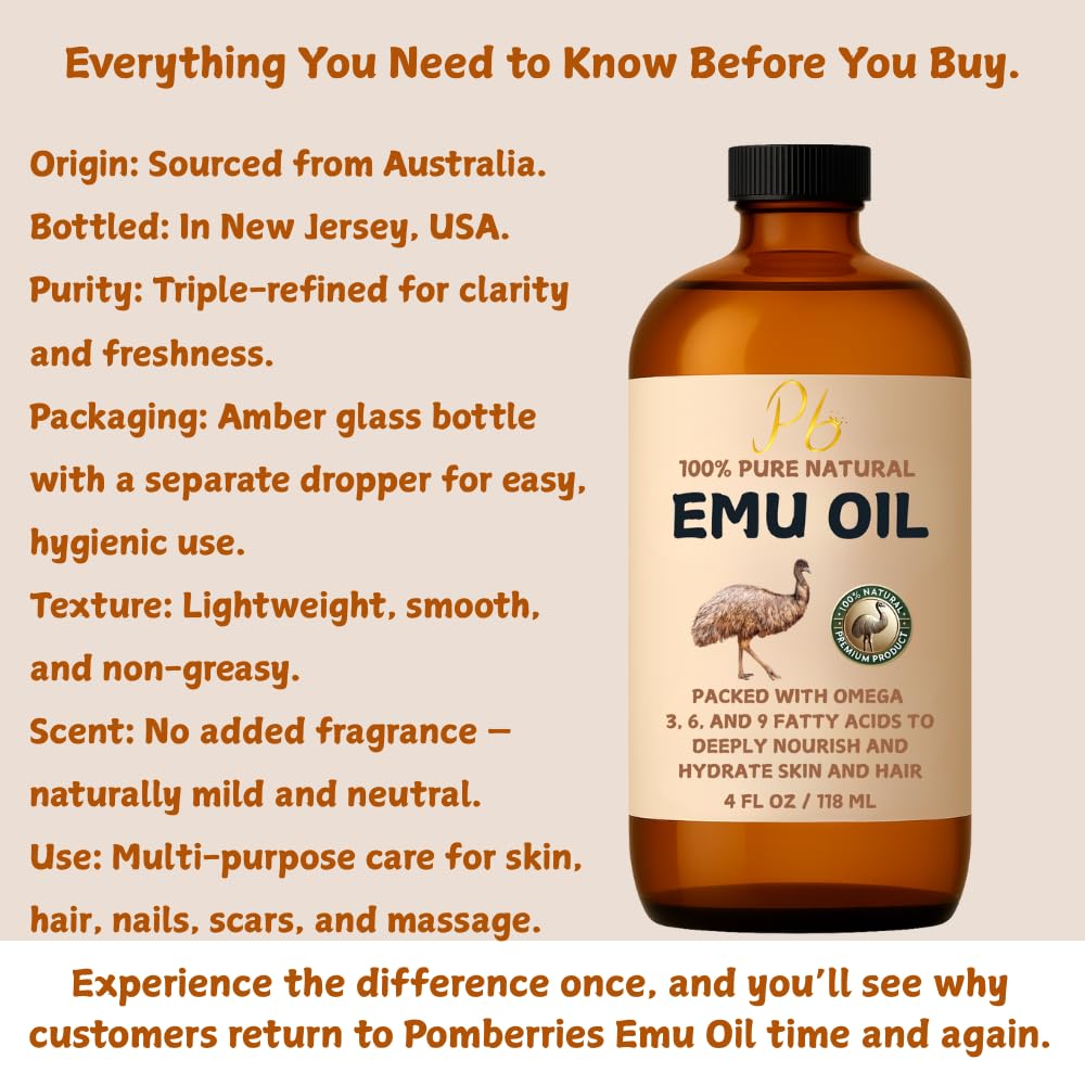 Pomberries Emu Oil - 100% Pure Australian Emu Oil, Refined & Unscented (4 oz)