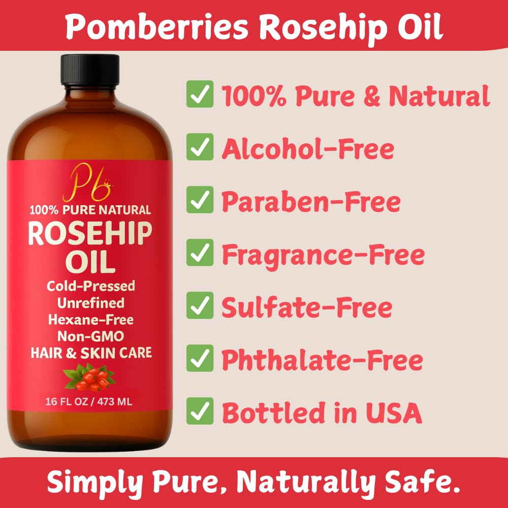 Pomberries Rosehip Seed Oil | Cold-Pressed & Unrefined, 16 oz Bottle for Face, Skin & Hair