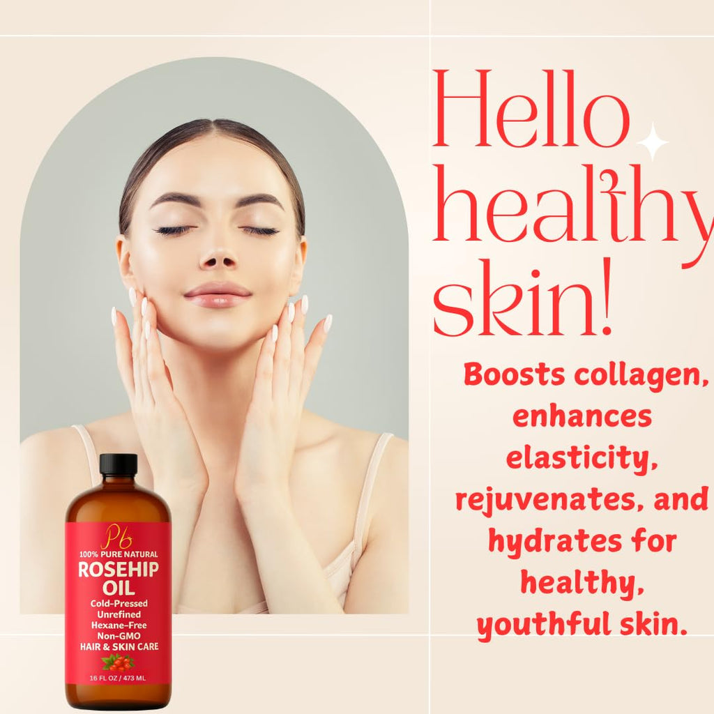 Pomberries Rosehip Seed Oil | Cold-Pressed & Unrefined, 16 oz Bottle for Face, Skin & Hair