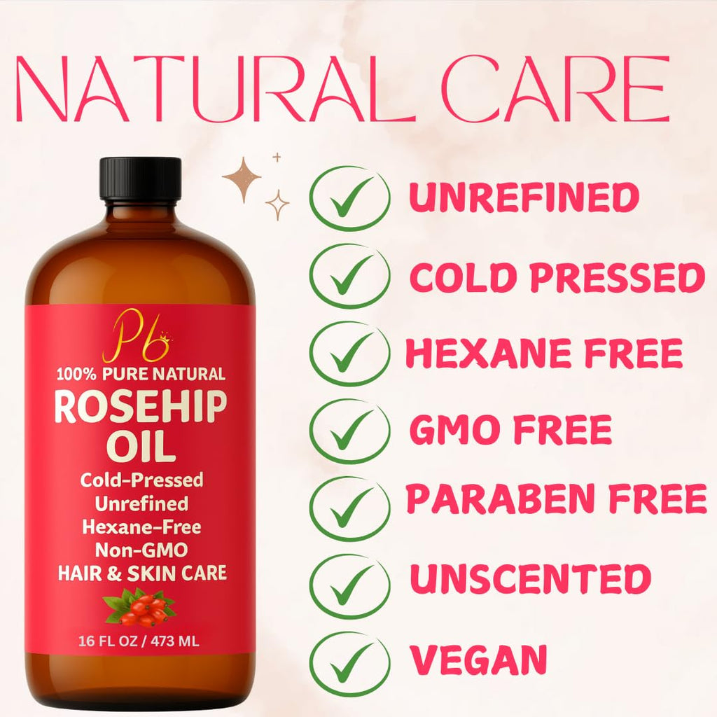 Pomberries Rosehip Seed Oil | Cold-Pressed & Unrefined, 16 oz Bottle for Face, Skin & Hair