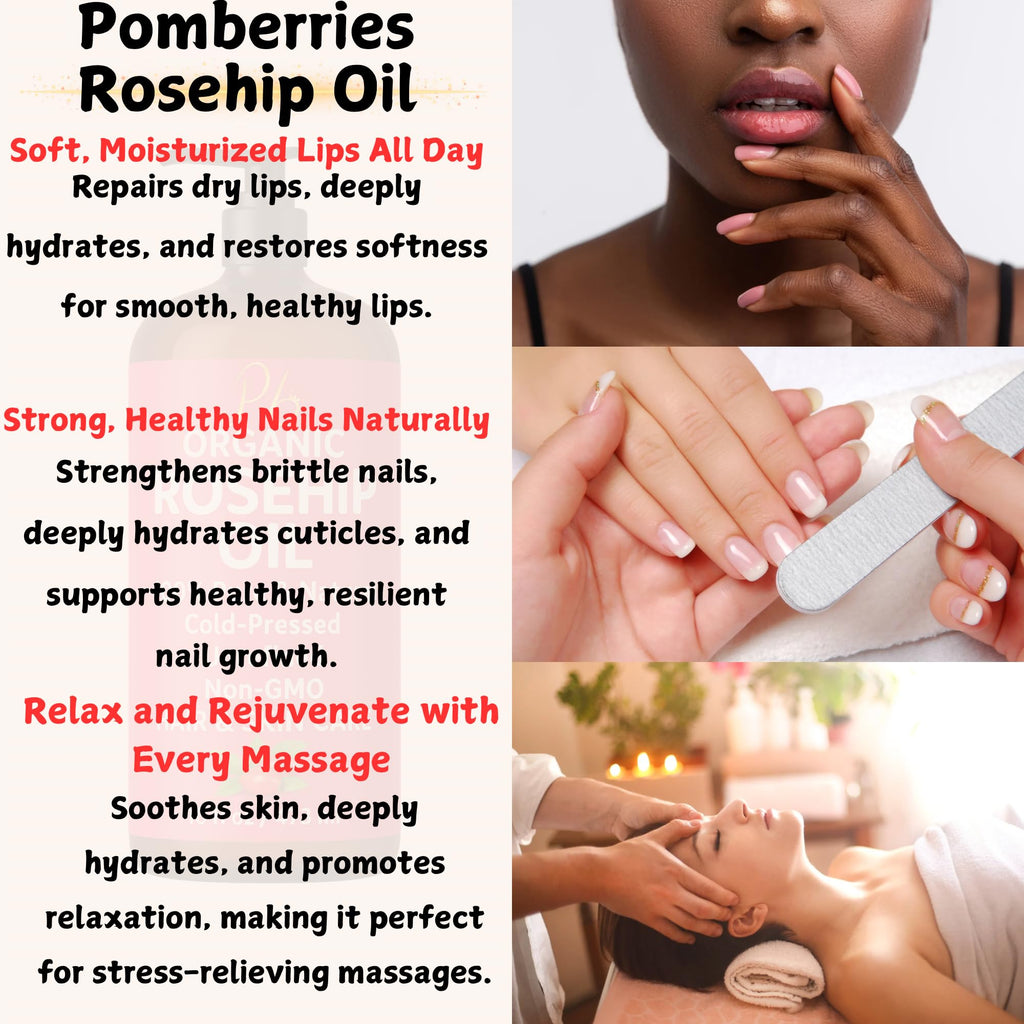 Pomberries Rosehip Seed Oil | Cold-Pressed & Unrefined, 16 oz Bottle for Face, Skin & Hair