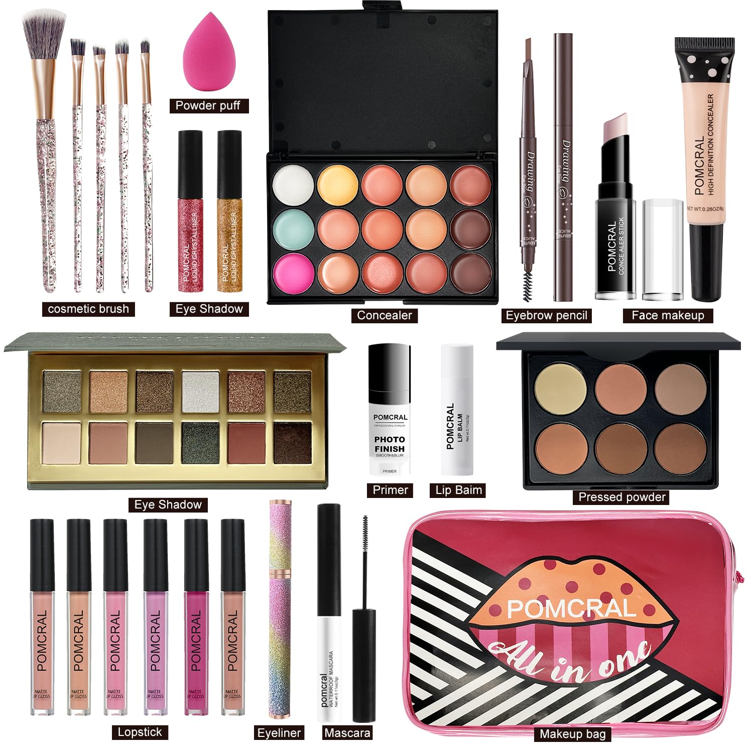 Pomcral Make up Sets for Teens 10-12 | Eyeshadow Palette, Lip Gloss, Brushes & Makeup Bag