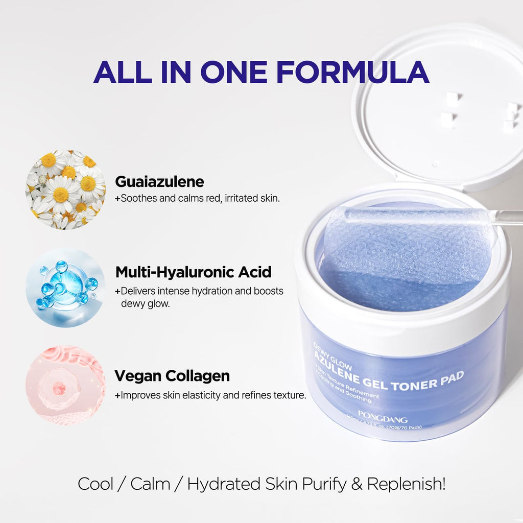 PONGDANG Dewy Glow Azulene Gel Toner Pad – Cooling & Calming 3-in-1 Toner