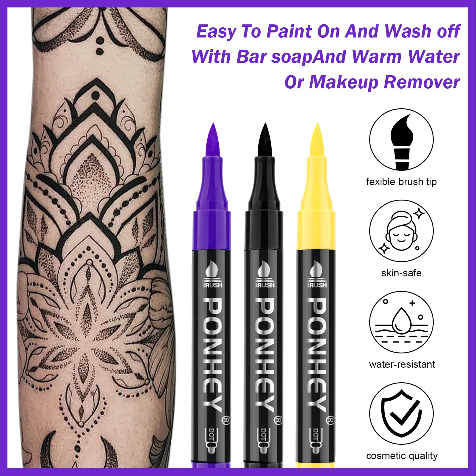 Ponhey Temporary Tattoo Markers Kit – 24 Colors, 67 Stencils, Dual-End Pens, Skin-Safe Body Art