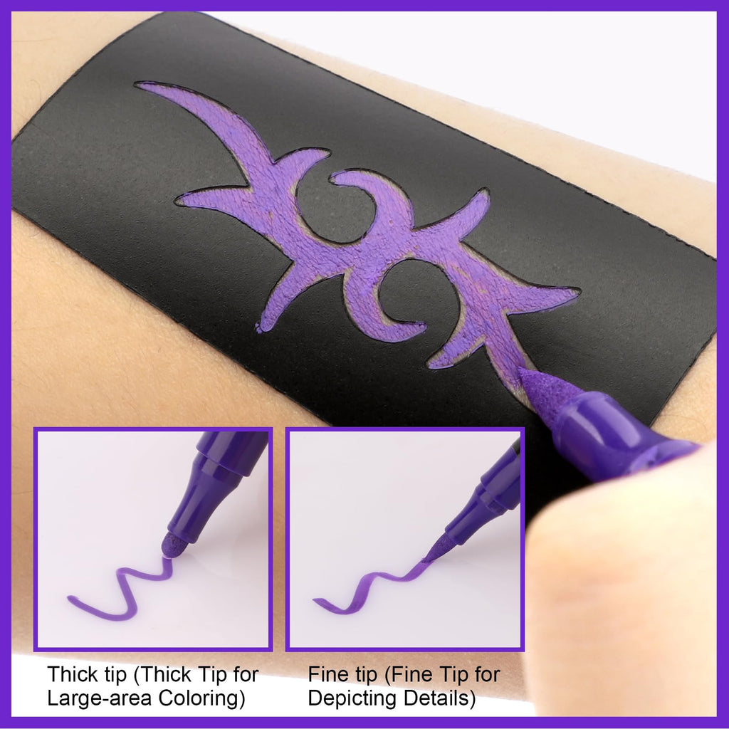 Ponhey Temporary Tattoo Markers Kit – 24 Colors, 67 Stencils, Dual-End Pens, Skin-Safe Body Art