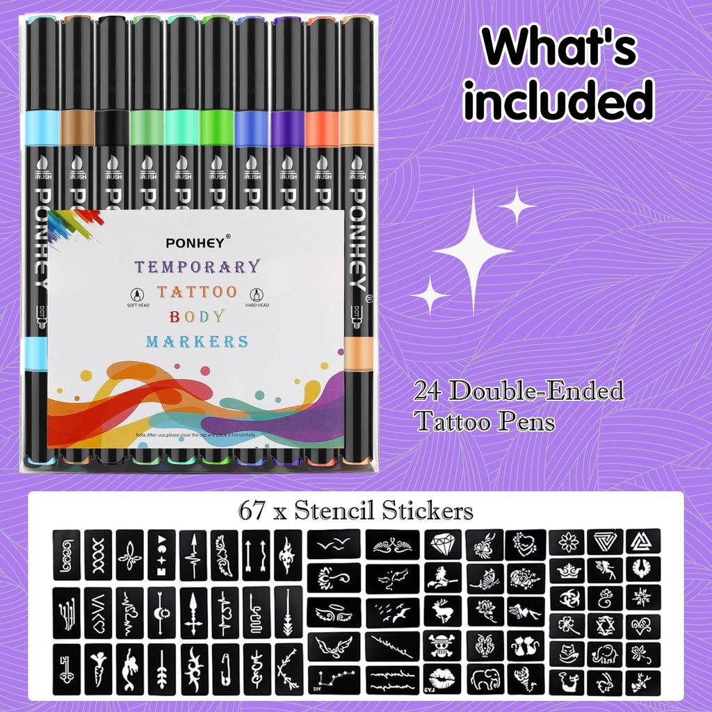 Ponhey Temporary Tattoo Markers Kit – 24 Colors, 67 Stencils, Dual-End Pens, Skin-Safe Body Art
