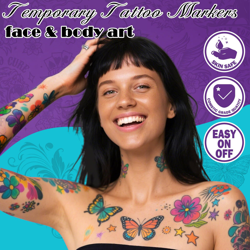 Ponhey Temporary Tattoo Markers Kit – 24 Colors, 67 Stencils, Dual-End Pens, Skin-Safe Body Art