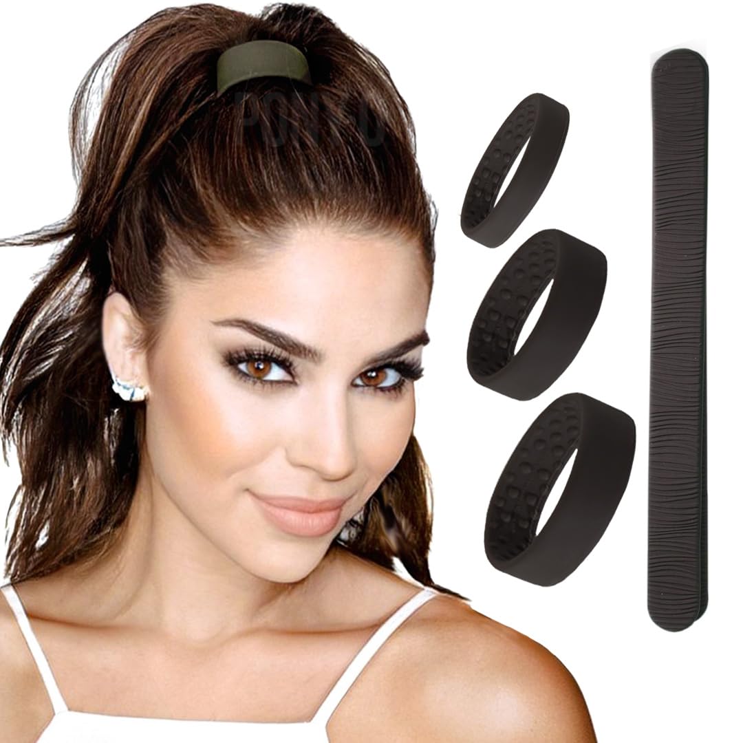 PONY-O All-in-One 4-Pack: No-Damage Bendable Hair Ties & Bun Barz (Dark Brown)