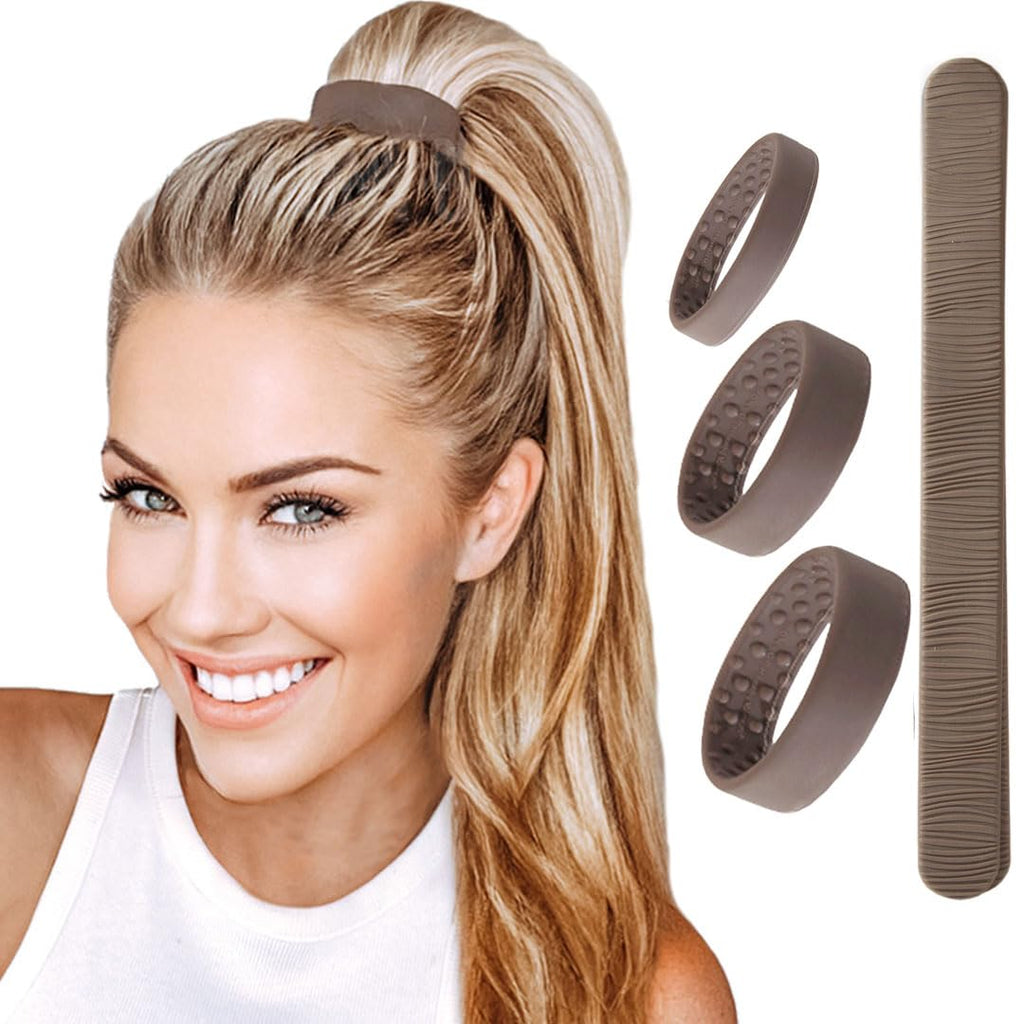 PONY-O All-in-One 4-Pack – No Damage Bendable Hair Ties & BUN BARZ (Light Brown)