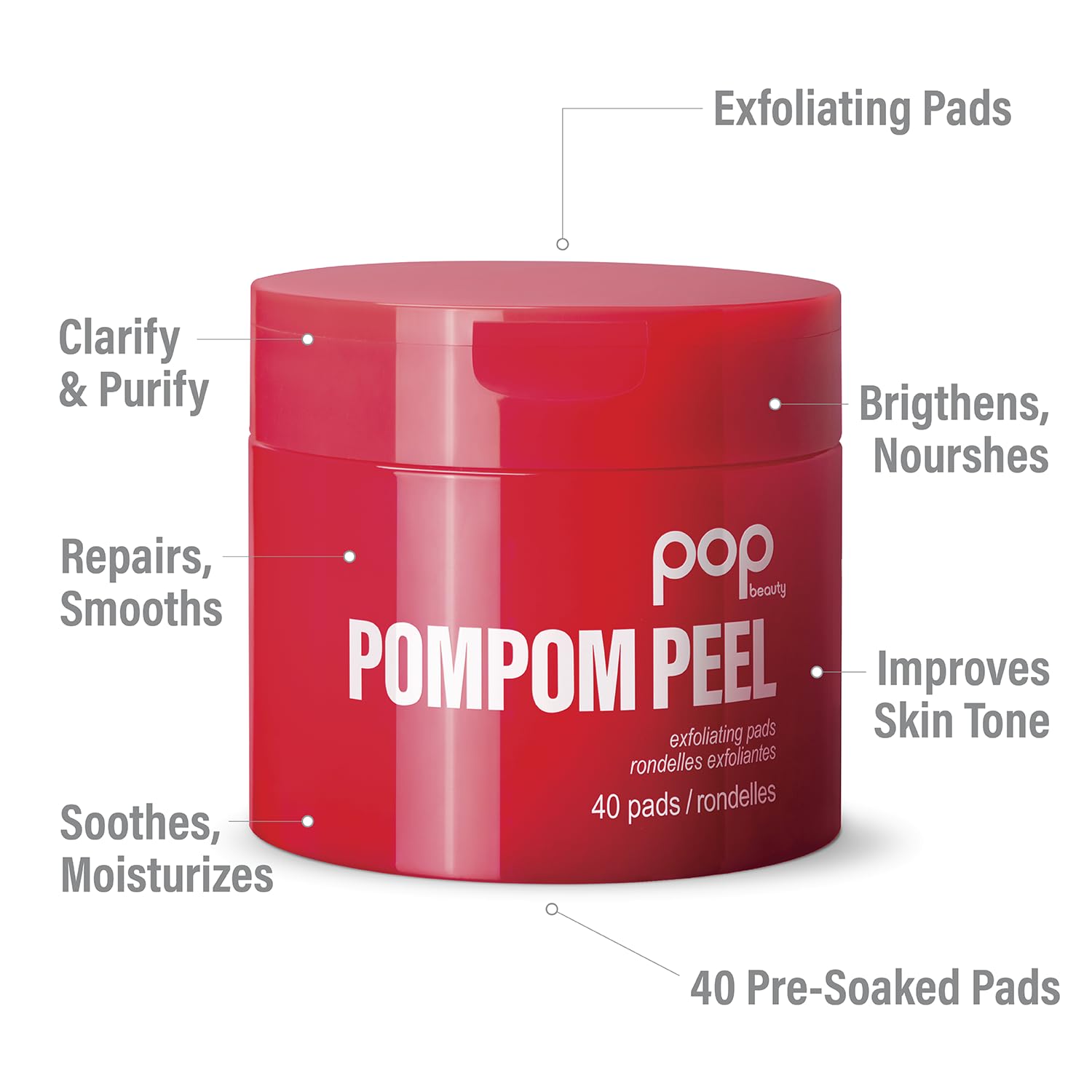 POP Beauty POMPOM PEEL – 40 Pre-Soaked Exfoliating Pads for Renewal, Purification & Brightening