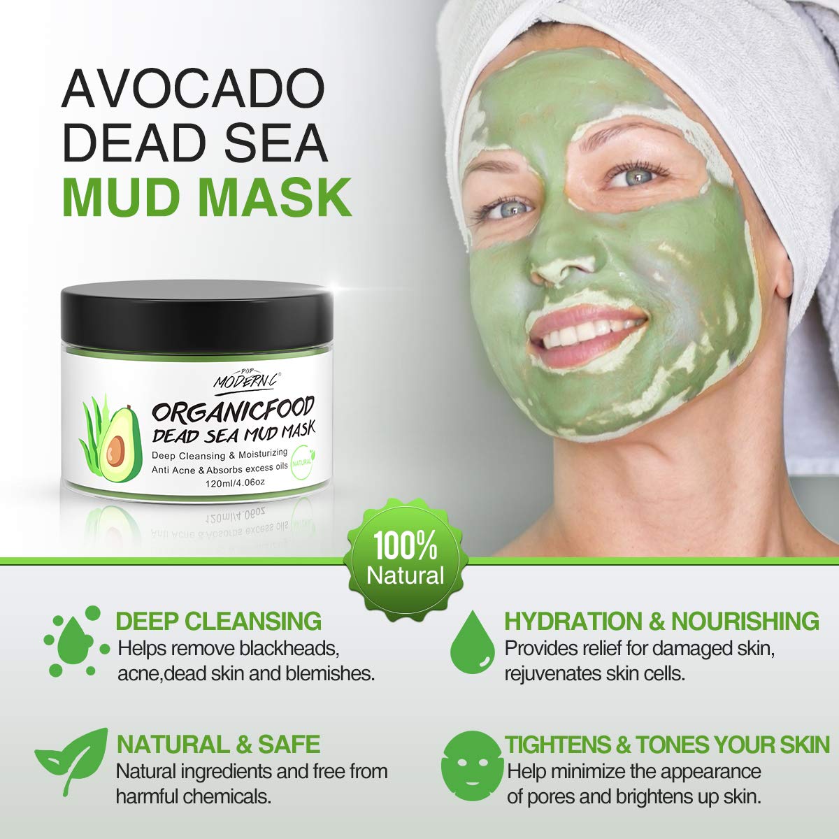 POP MODERN.C Clay Mask Avocado + Dead Sea Mud | Deep Cleansing, Hydration & Blackhead Removal (White)