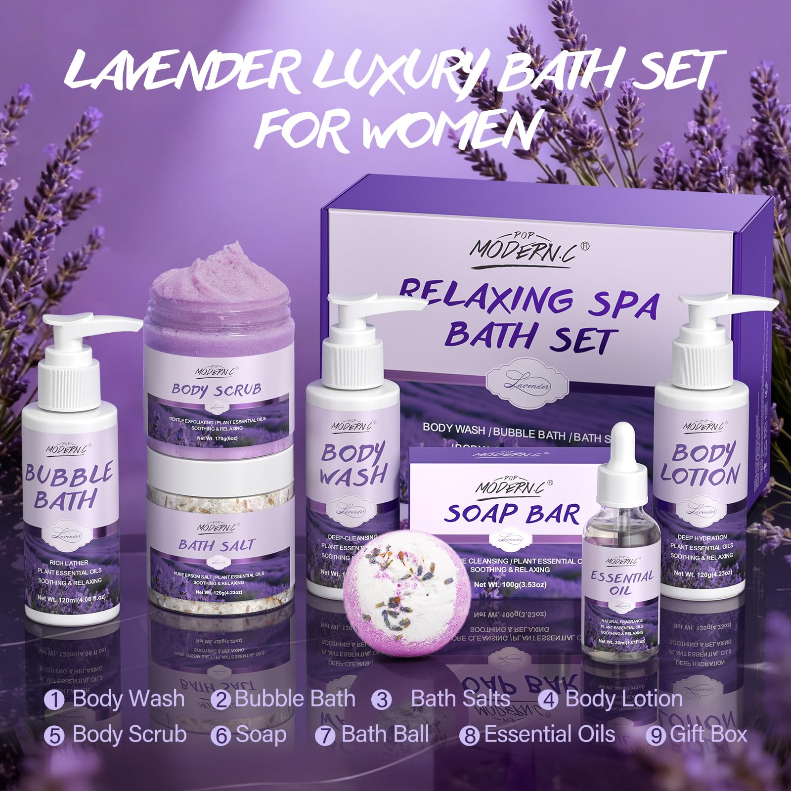 POP MODERN.C Lavender Bath Gift Set – 8-Piece Spa Kit for Women