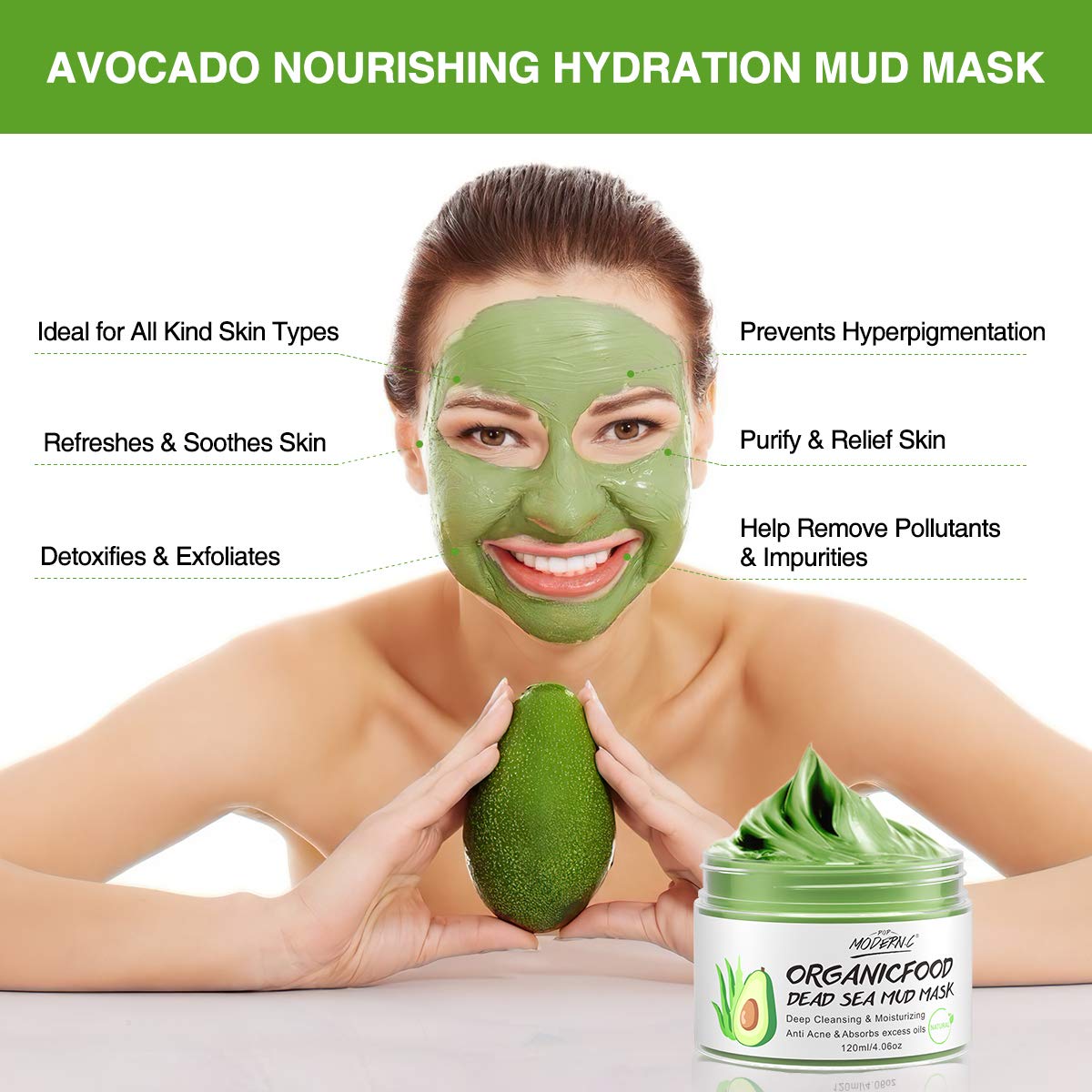 POP MODERN.C Clay Mask Avocado + Dead Sea Mud | Deep Cleansing, Hydration & Blackhead Removal (White)