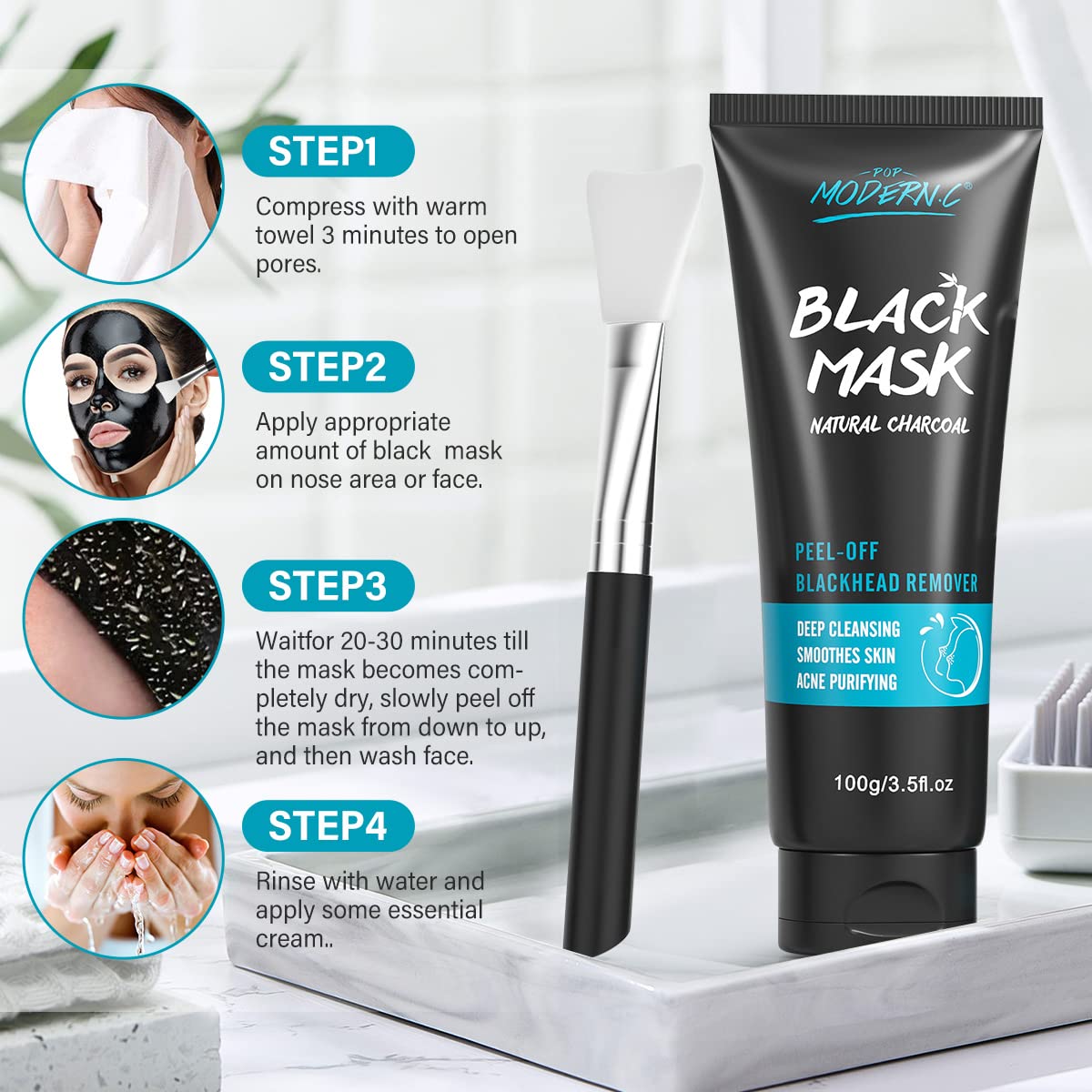POP MODERN.C Blackhead Remover Mask Bamboo Charcoal Peel Off — 3-in-1 Pore Cleansing Kit