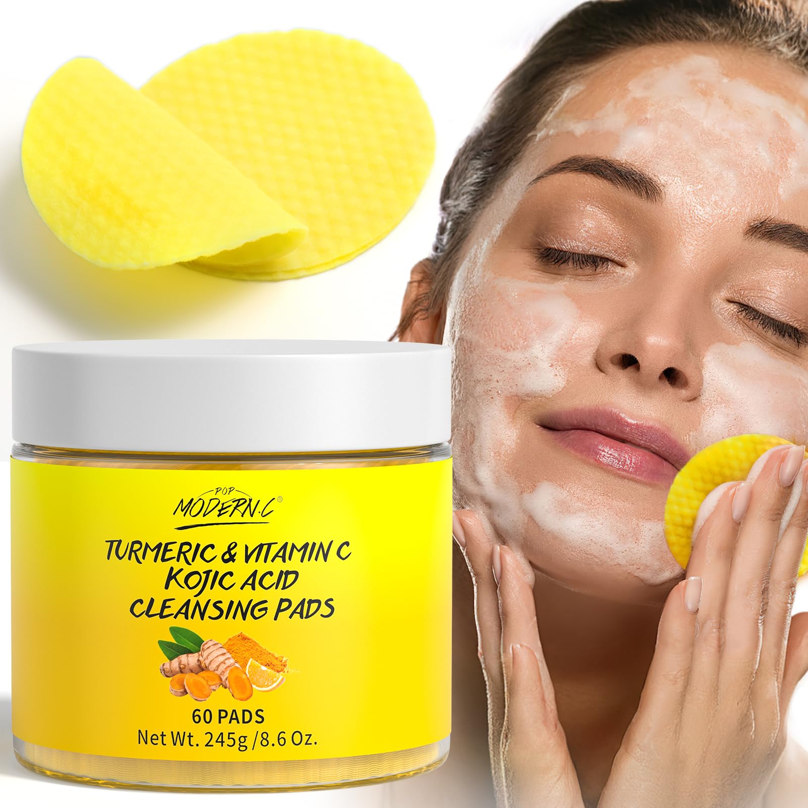 POP MODERN.C Turmeric Kojic Acid Cleansing Pads — 60 Pcs for Even Skin Tone, Vitamin C Exfoliating Pads