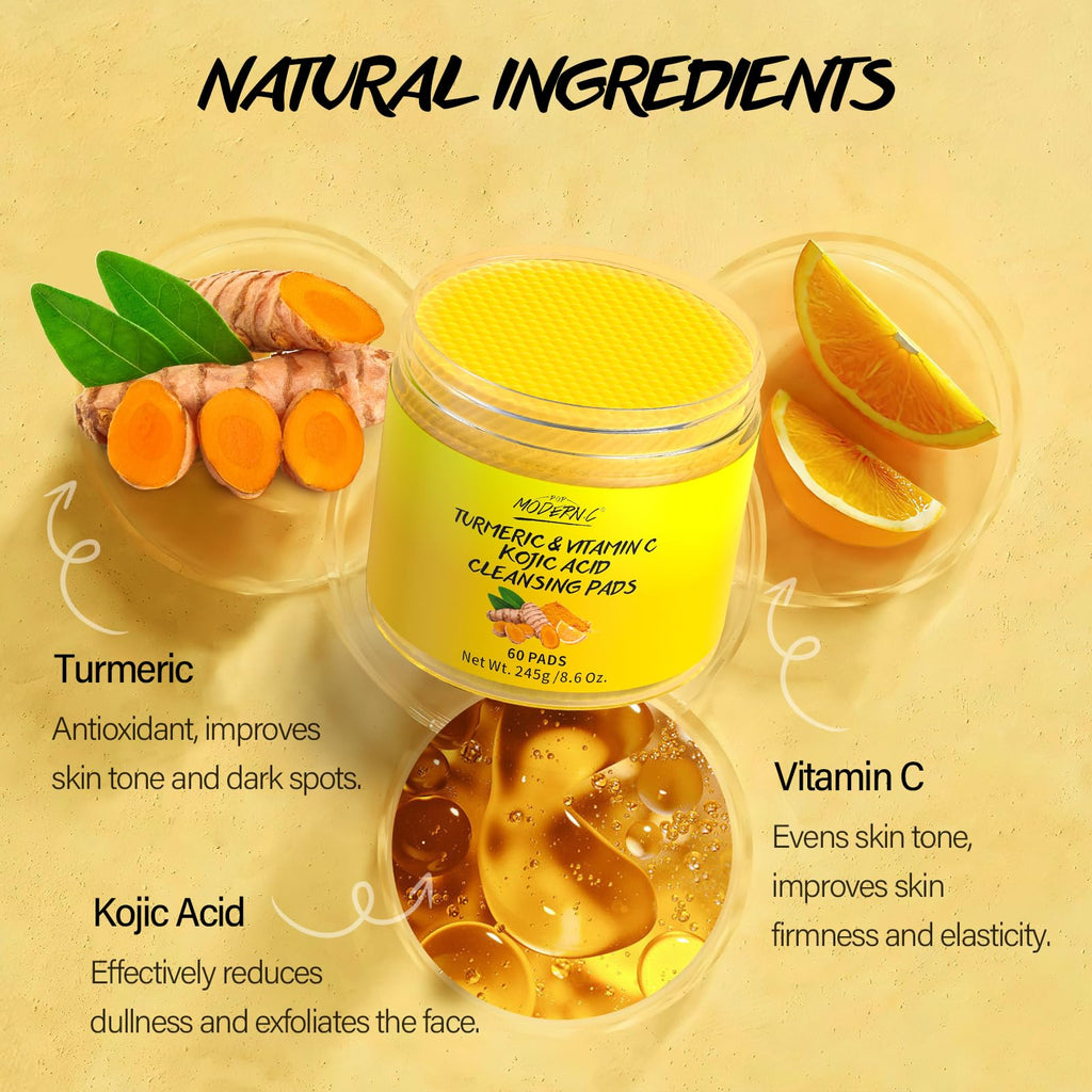 POP MODERN.C Turmeric Kojic Acid Cleansing Pads — 60 Pcs for Even Skin Tone, Vitamin C Exfoliating Pads