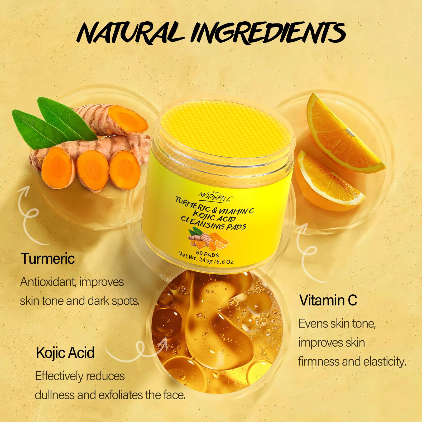 POP MODERN.C Turmeric Kojic Acid Cleansing Pads — 60 Pcs for Even Skin Tone, Vitamin C Exfoliating Pads