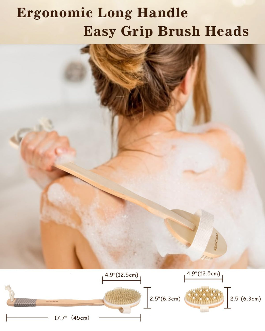 POPCHOSE Dry Brushing Body Brush – Dual-Head Back Scrubber with Long Detachable Handle